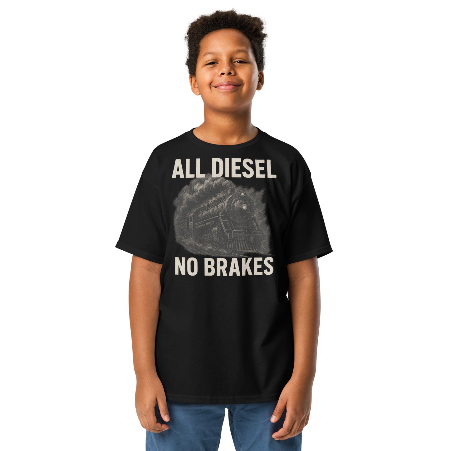 Child wearing a black t-shirt with 'All Diesel No Brakes' text and graphic on a white background