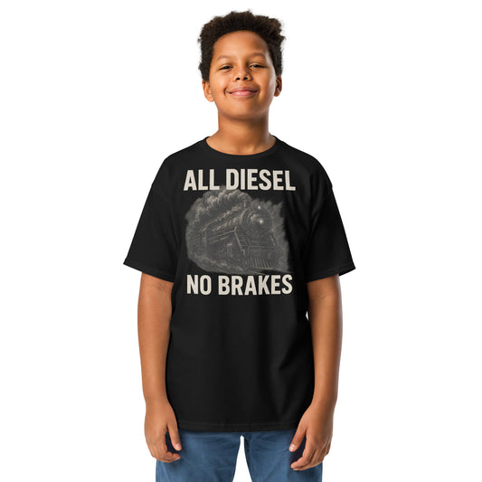 Child wearing a black t-shirt with 'All Diesel No Brakes' text and graphic on a white background