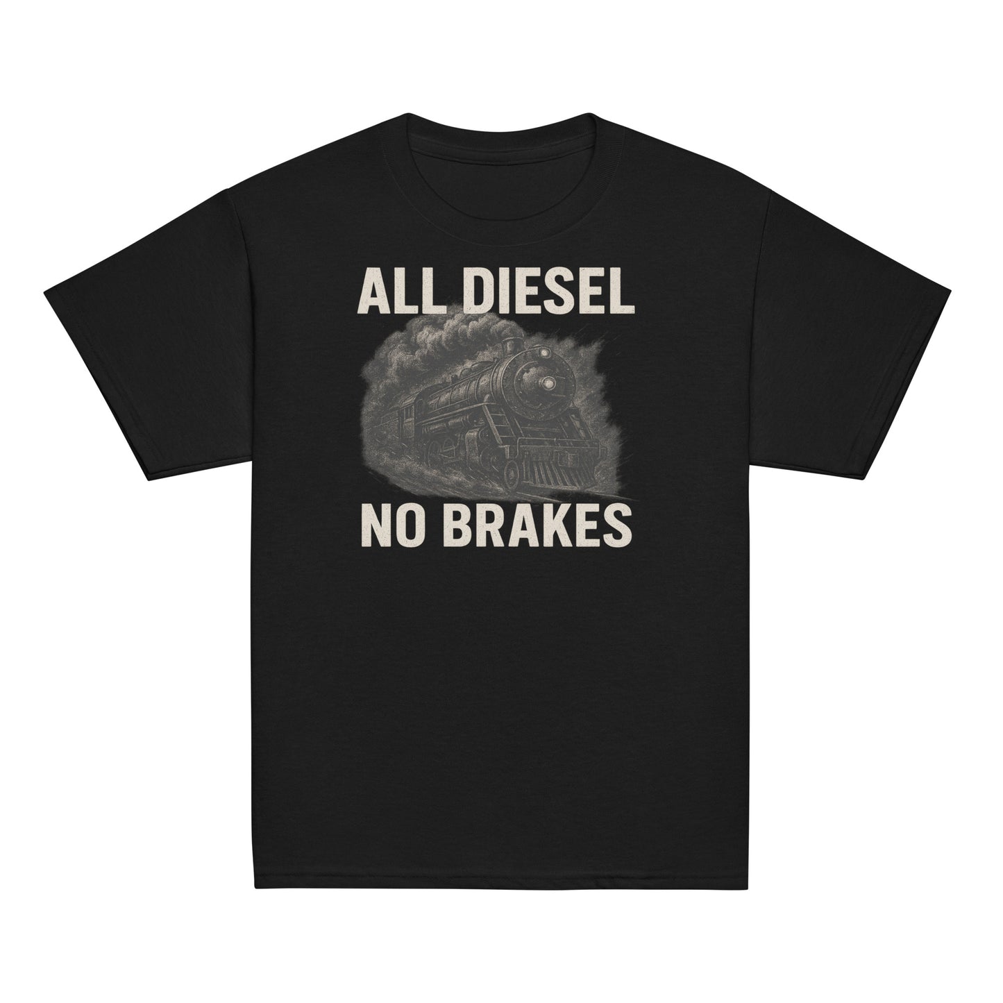 Black t-shirt with 'All Diesel No Brakes' text and graphic on a white background