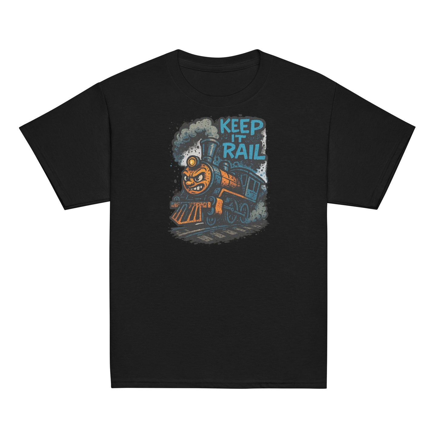Black t-shirt with a train graphic and 'Keep It Rail' text on a white background
