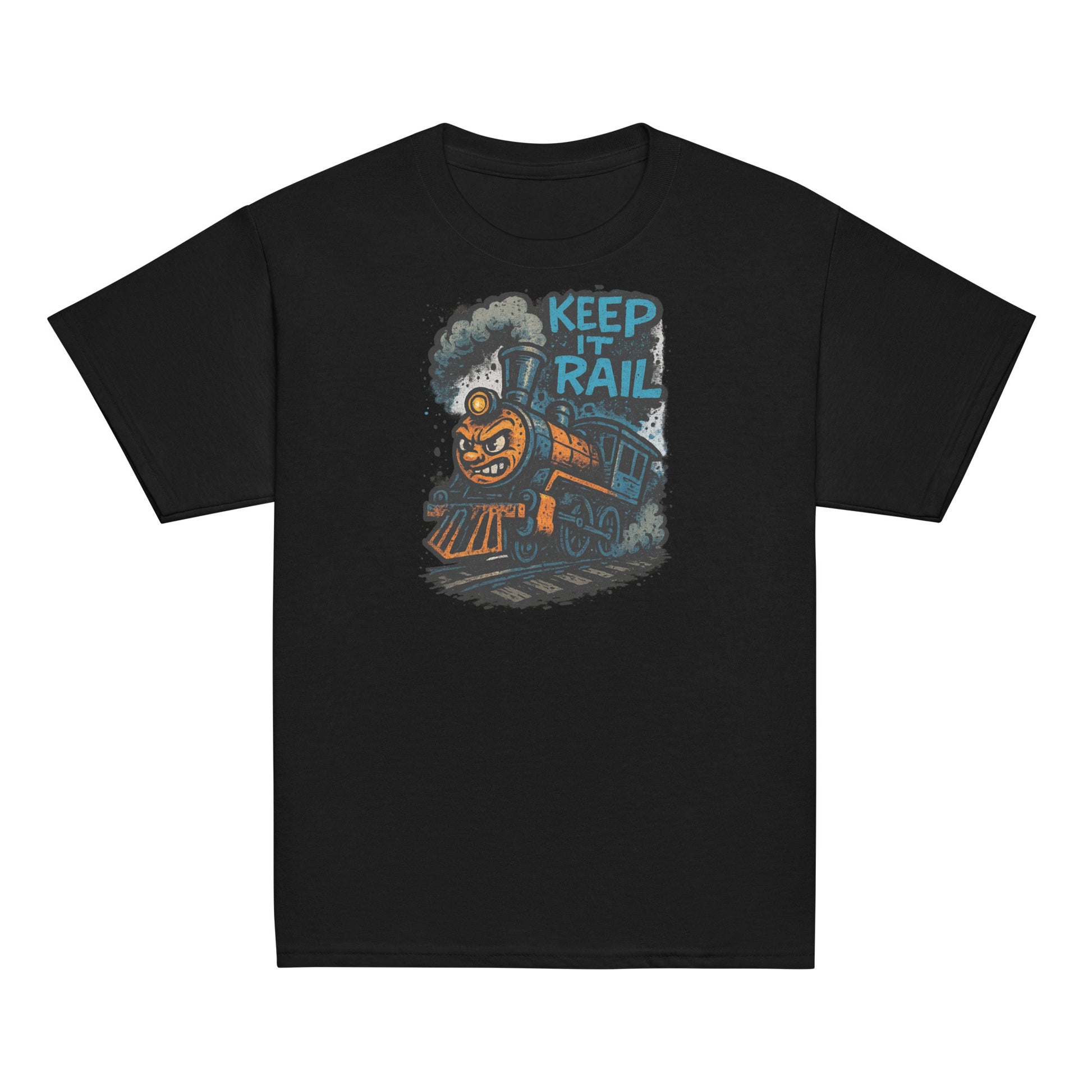 Black t-shirt with a train graphic and 'Keep It Rail' text on a white background