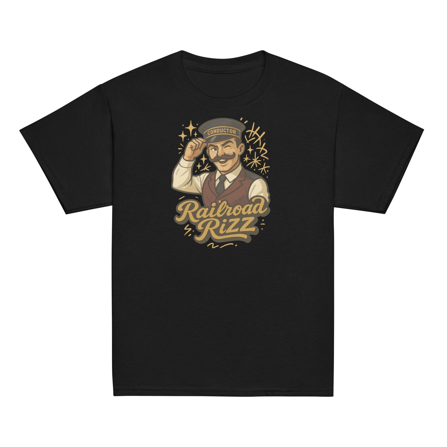 Black t-shirt with a vintage-style graphic of a man and 'Railroad Rizz' text on a white background