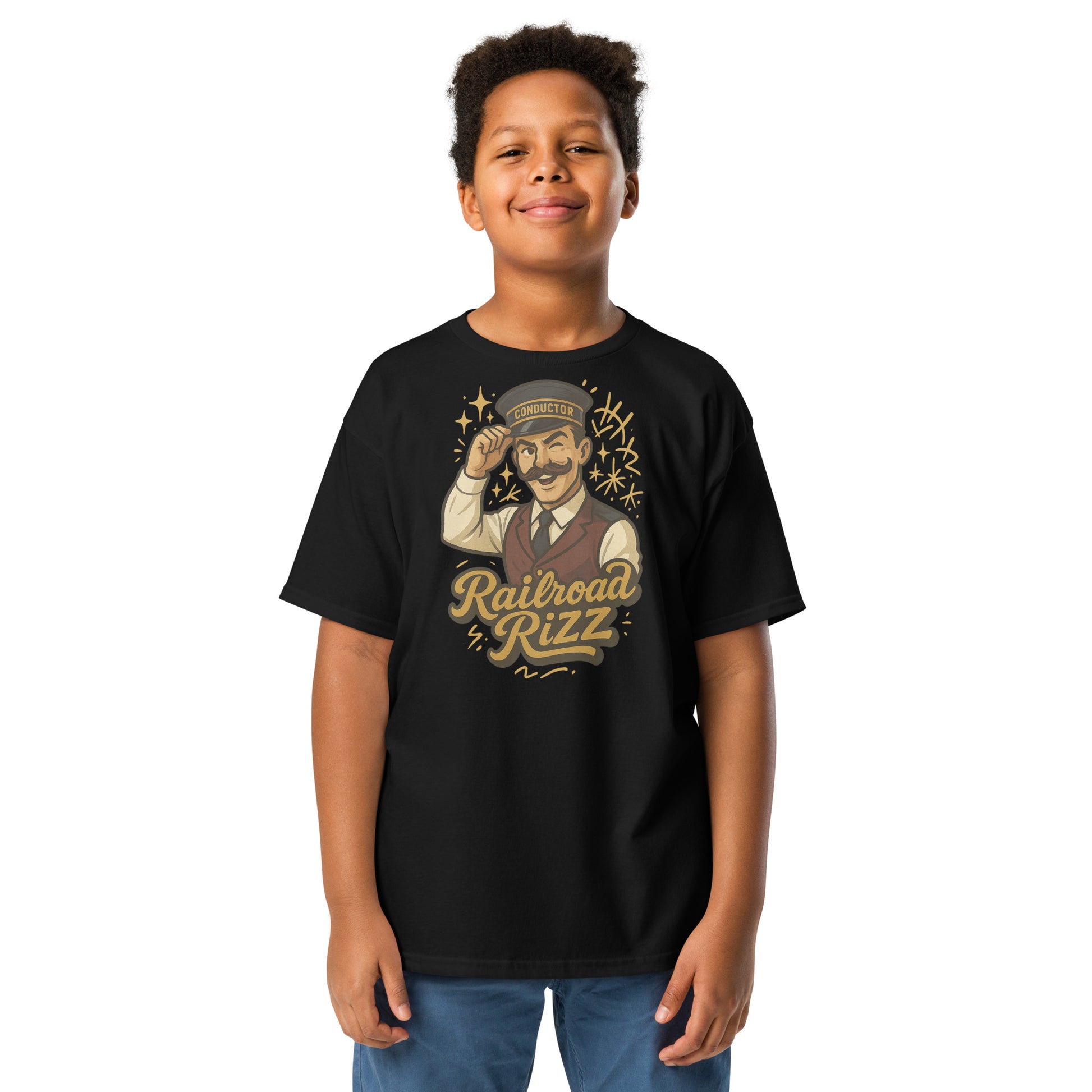 Child wearing a black t-shirt with a graphic design and text on a white background