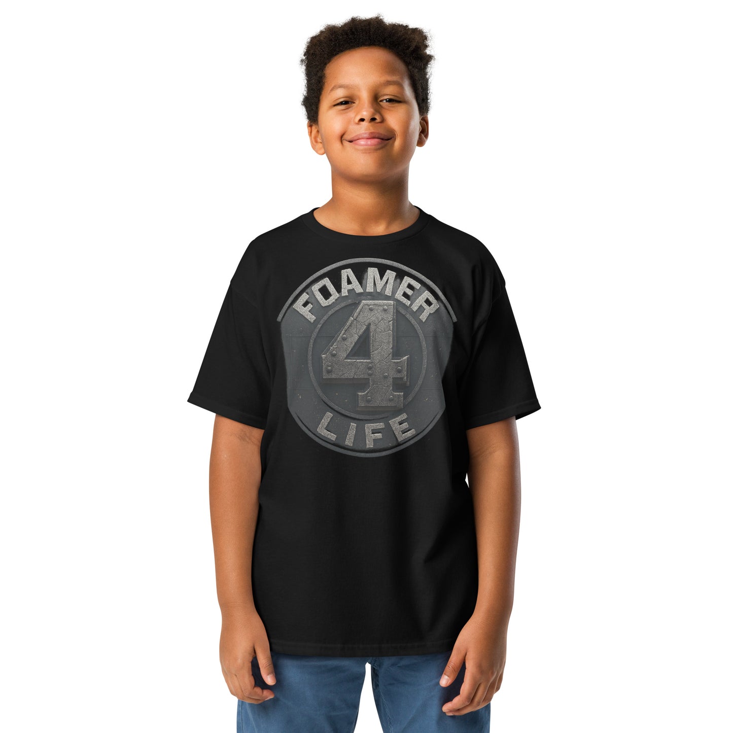 Child wearing a black t-shirt with 'FOAMER 4 LIFE' graphic on a white background