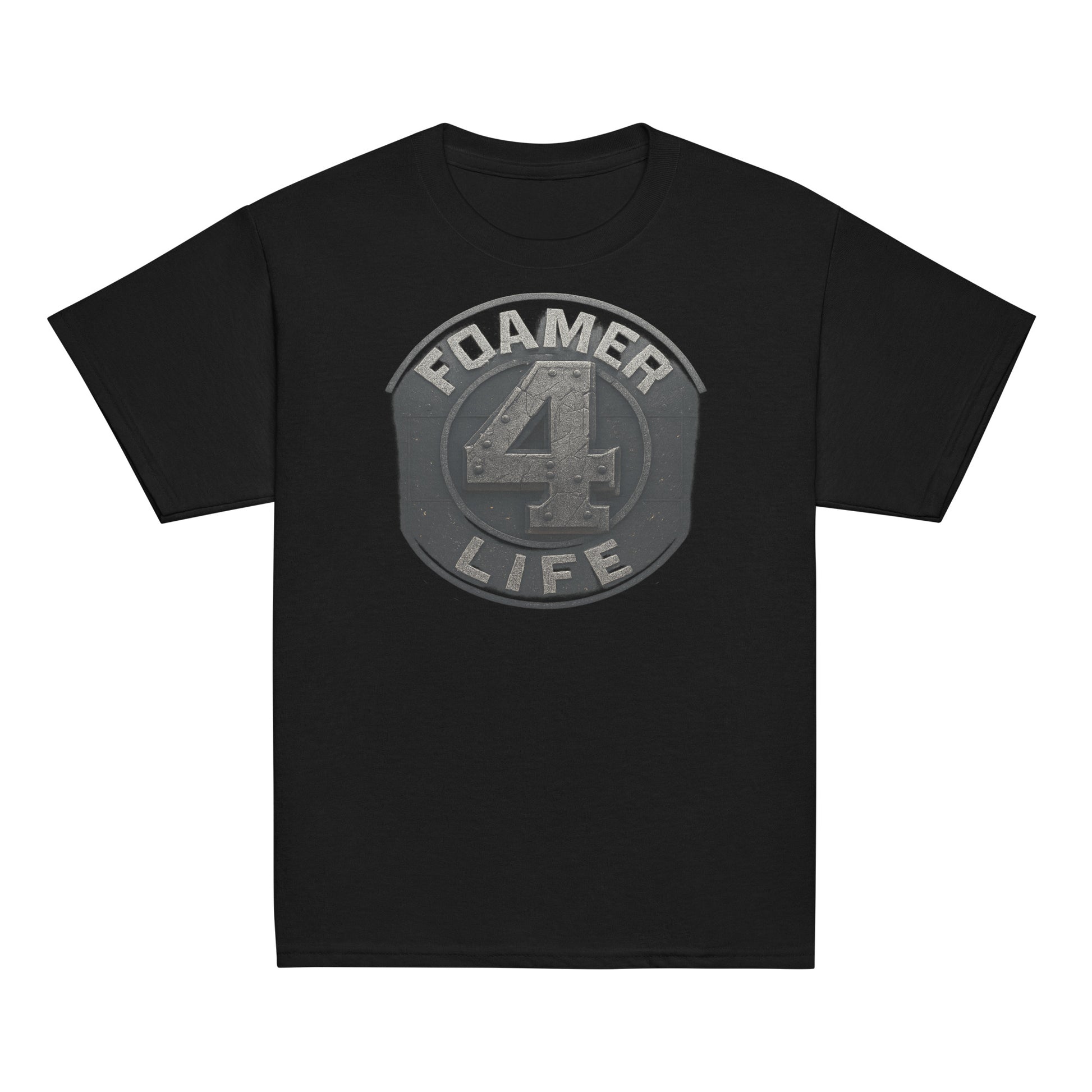 Black t-shirt with a gray graphic design on a white background