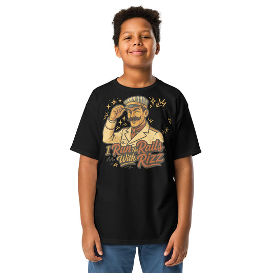 Child wearing a black t-shirt with a graphic design and text on a white background