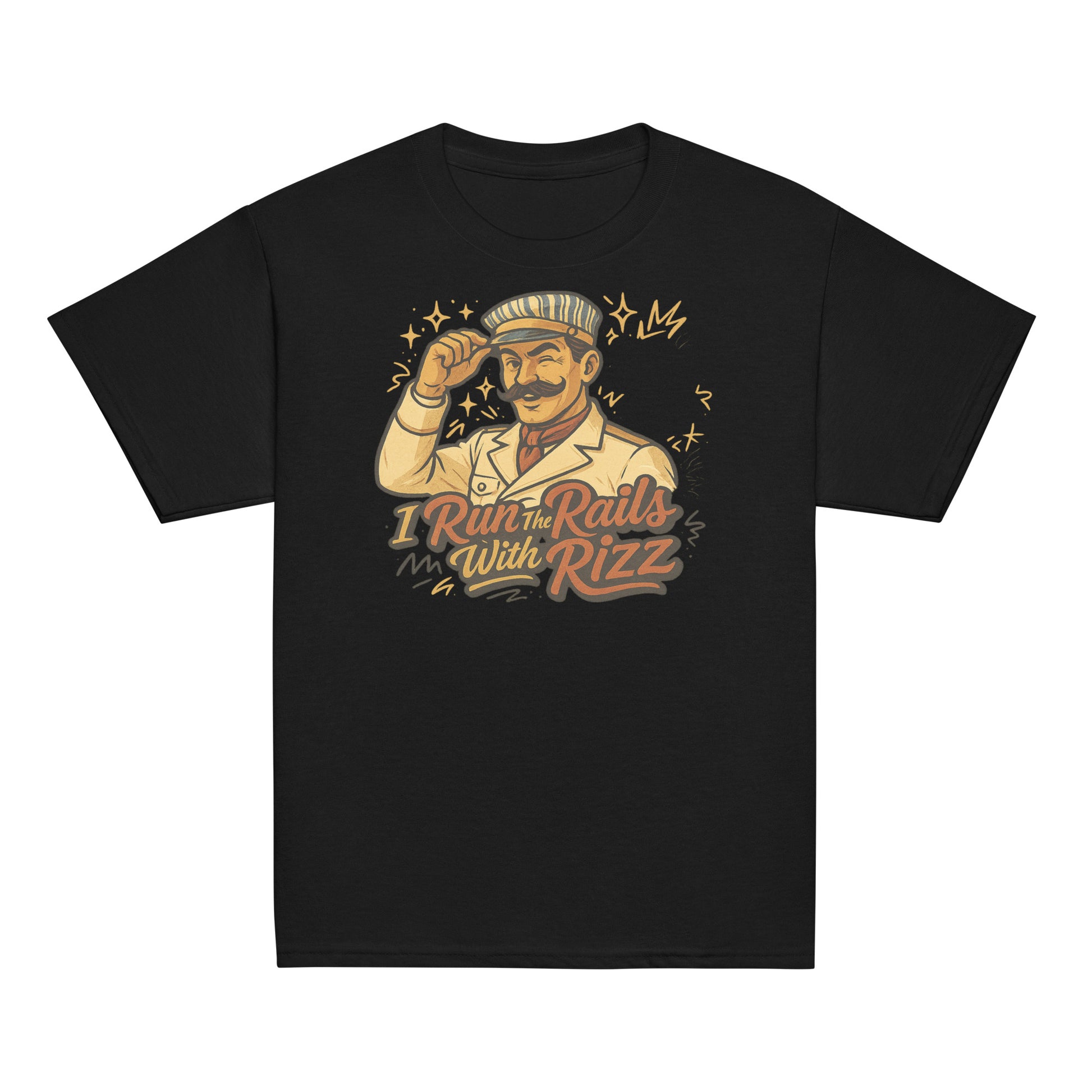 Black t-shirt with a graphic design of a man saluting and text 'I Rule the Rails With Rizz' on a white background.