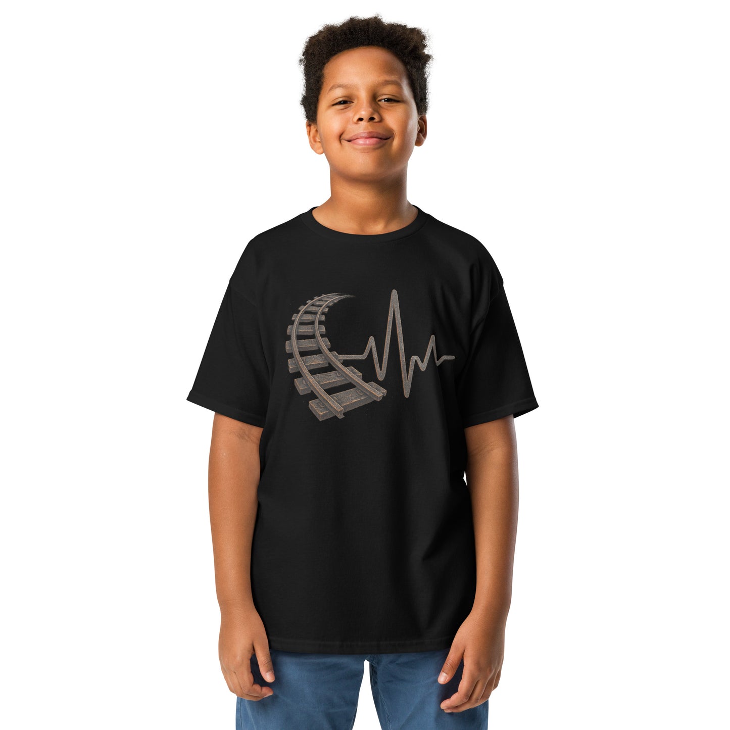 Child wearing a black t-shirt with a unique design on a white background