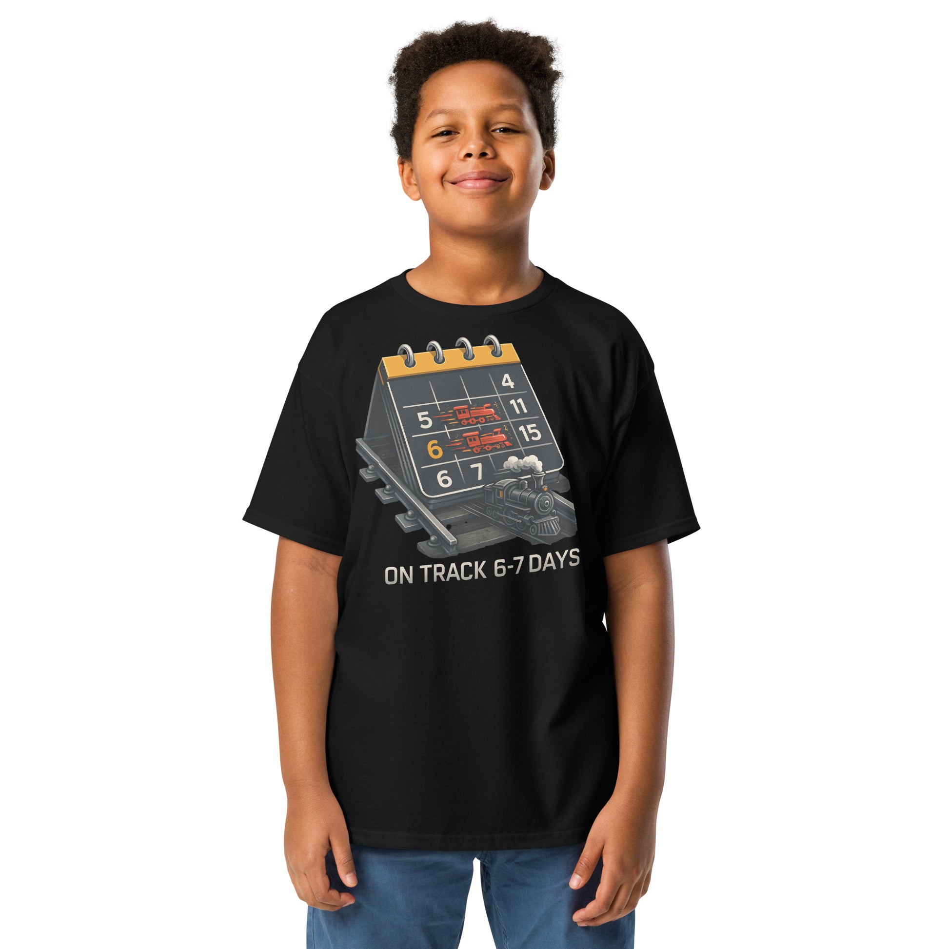 Child wearing a black t-shirt with a graphic design on a white background
