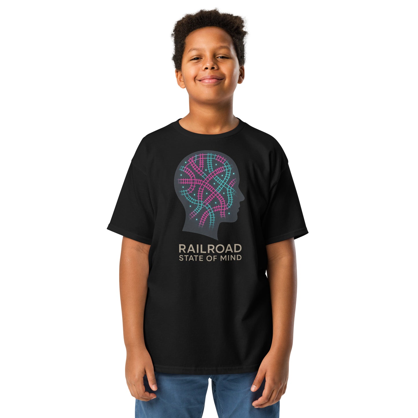 Child wearing a black t-shirt with colorful graphic and text on a white background