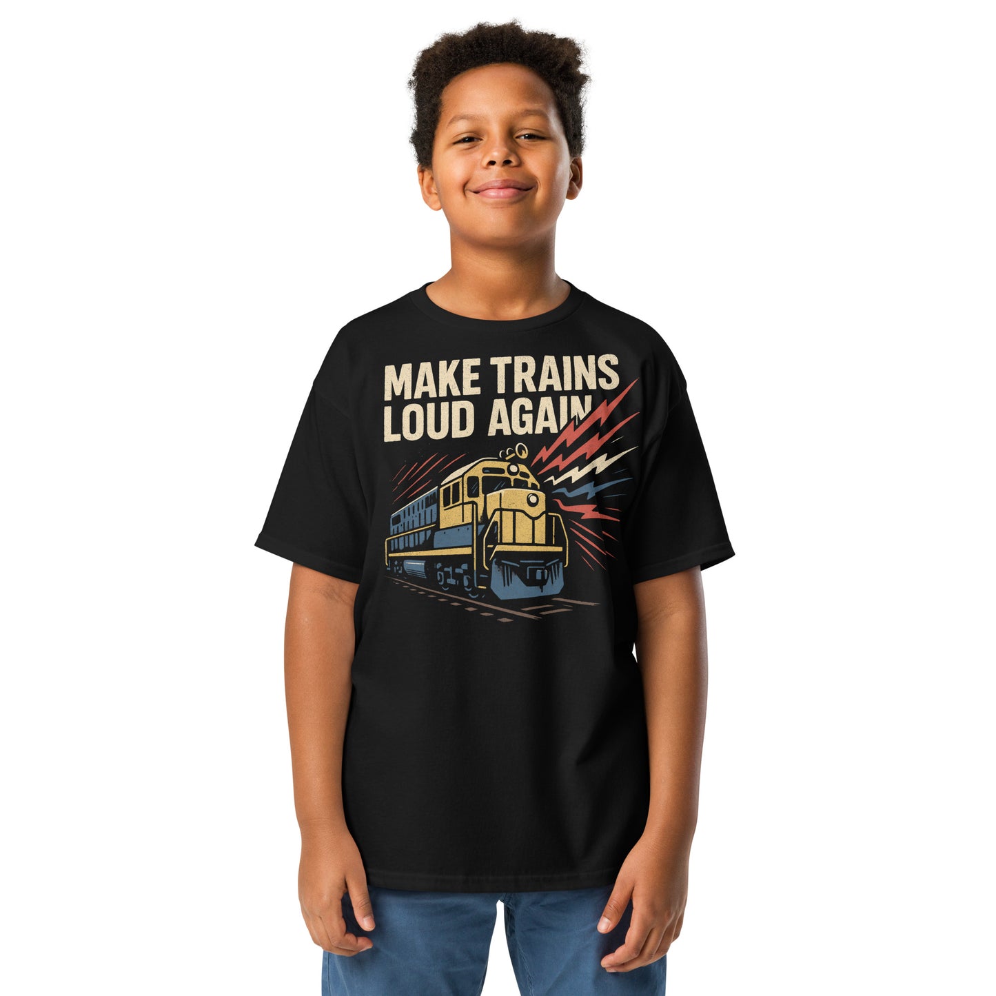 Child wearing a black t-shirt with a train graphic and text on a white background