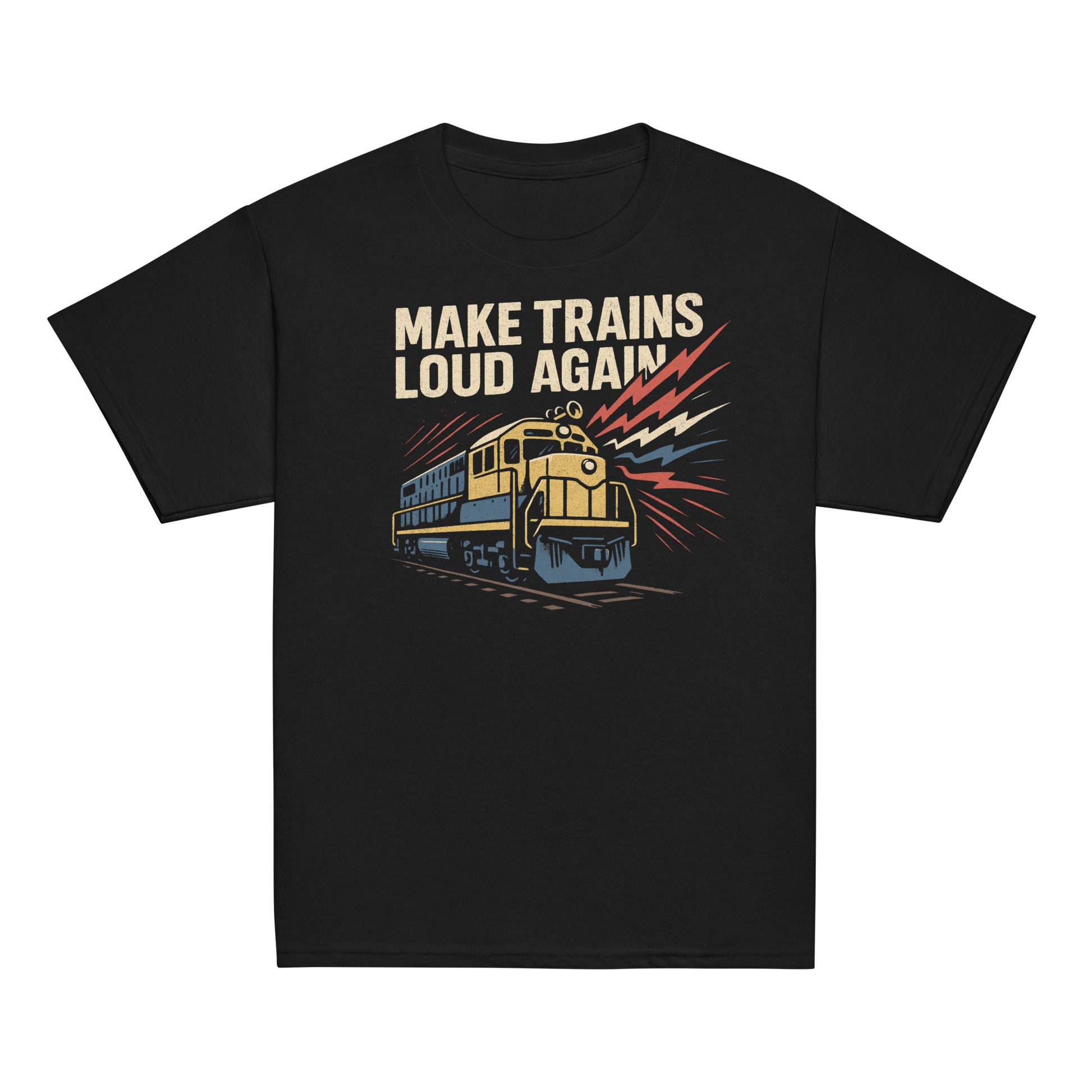Black t-shirt with a train graphic and text 'Make Trains Loud Again' on a white background