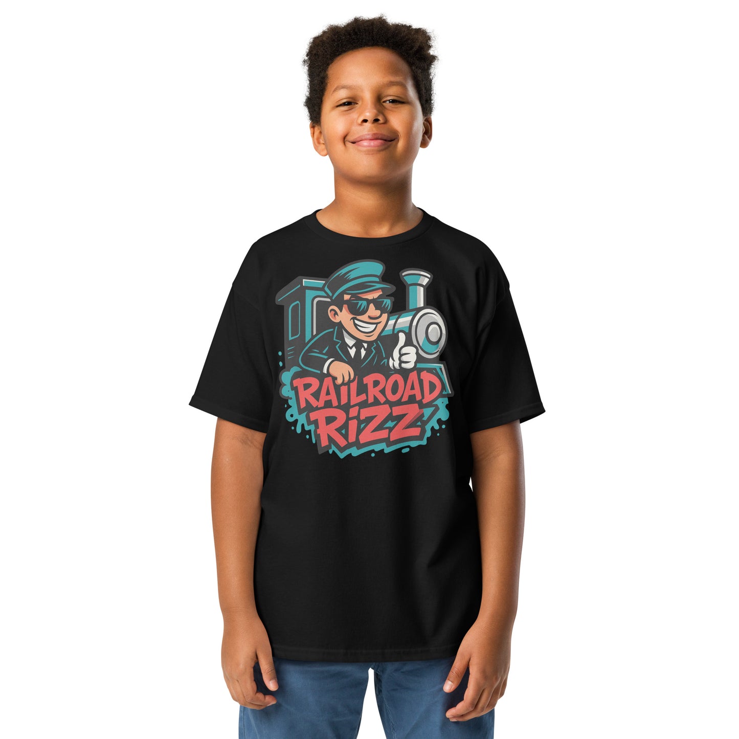 Child wearing a black t-shirt with 'Railroad of Rizz' design on a white background