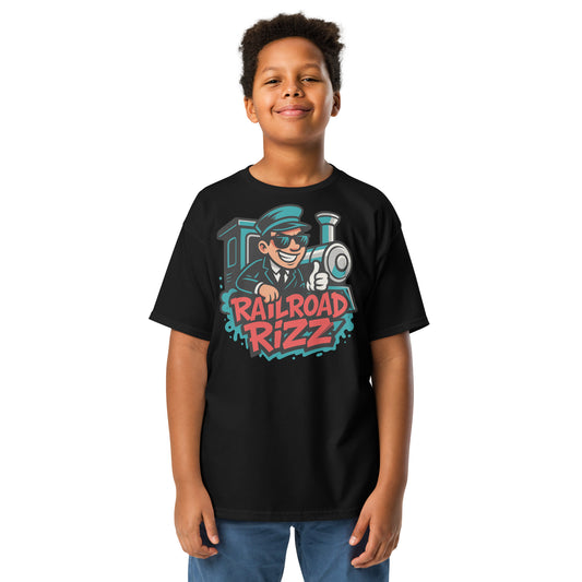 Child wearing a black t-shirt with 'Railroad of Rizz' design on a white background