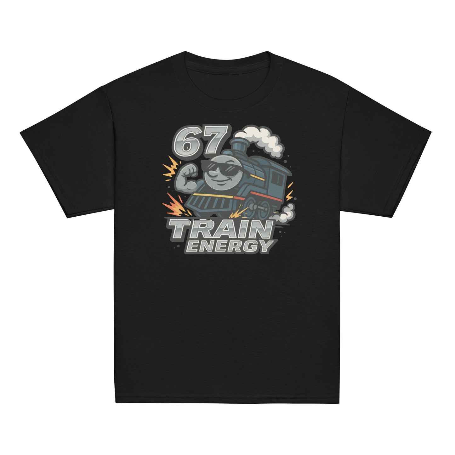 Black t-shirt with a train graphic and text on a white background