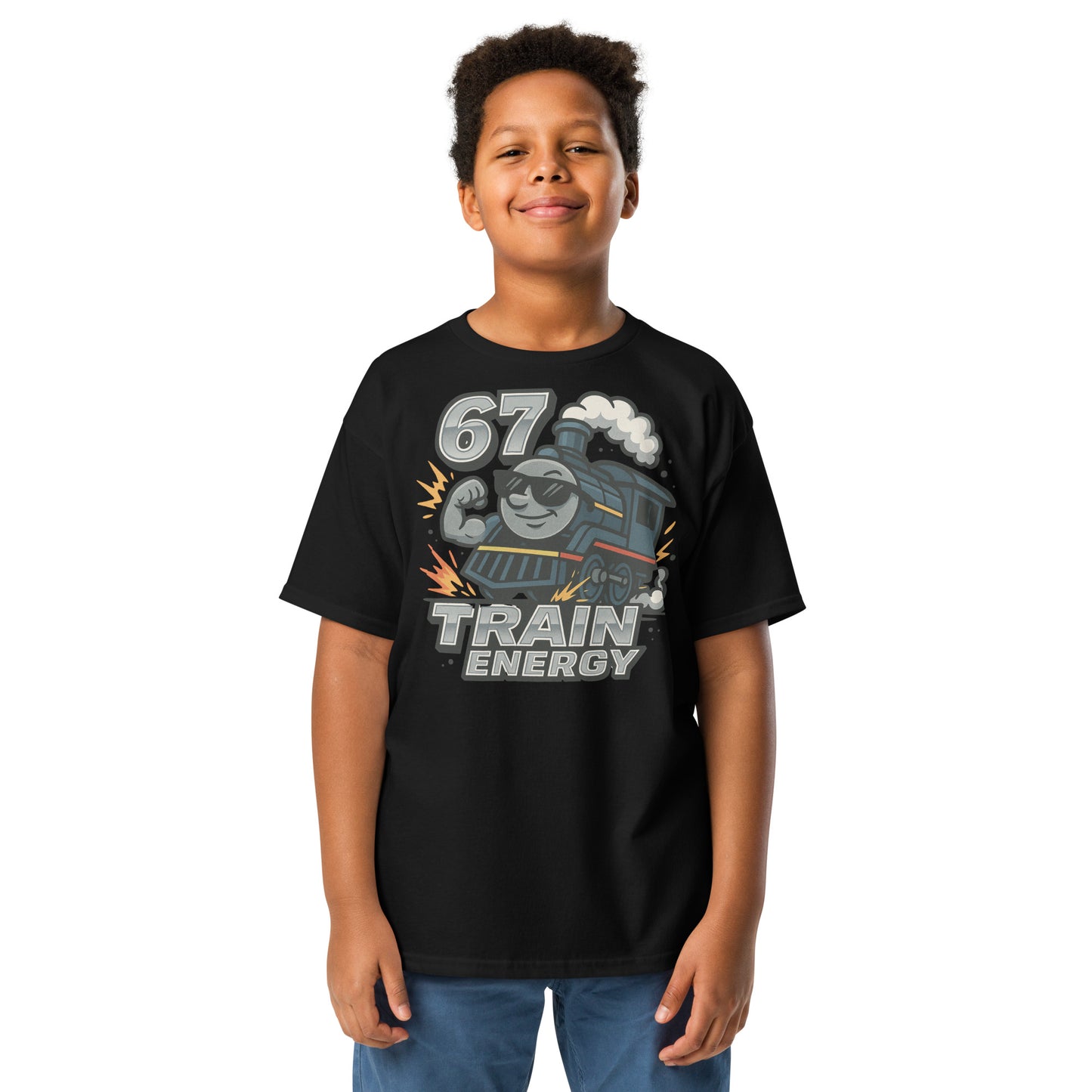 Child wearing a black t-shirt with a train graphic and text on a white background