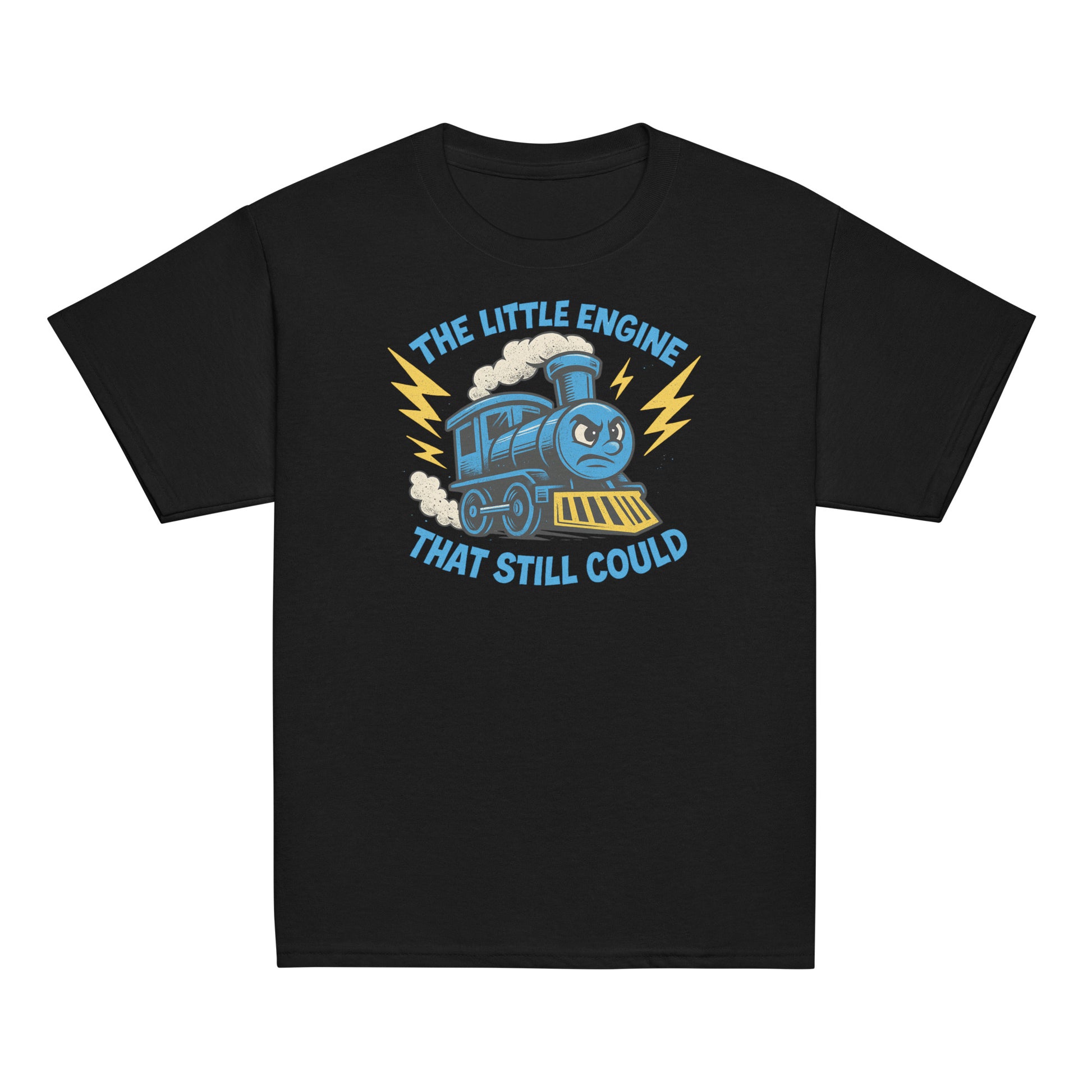 Black t-shirt with a blue train graphic and text on a white background