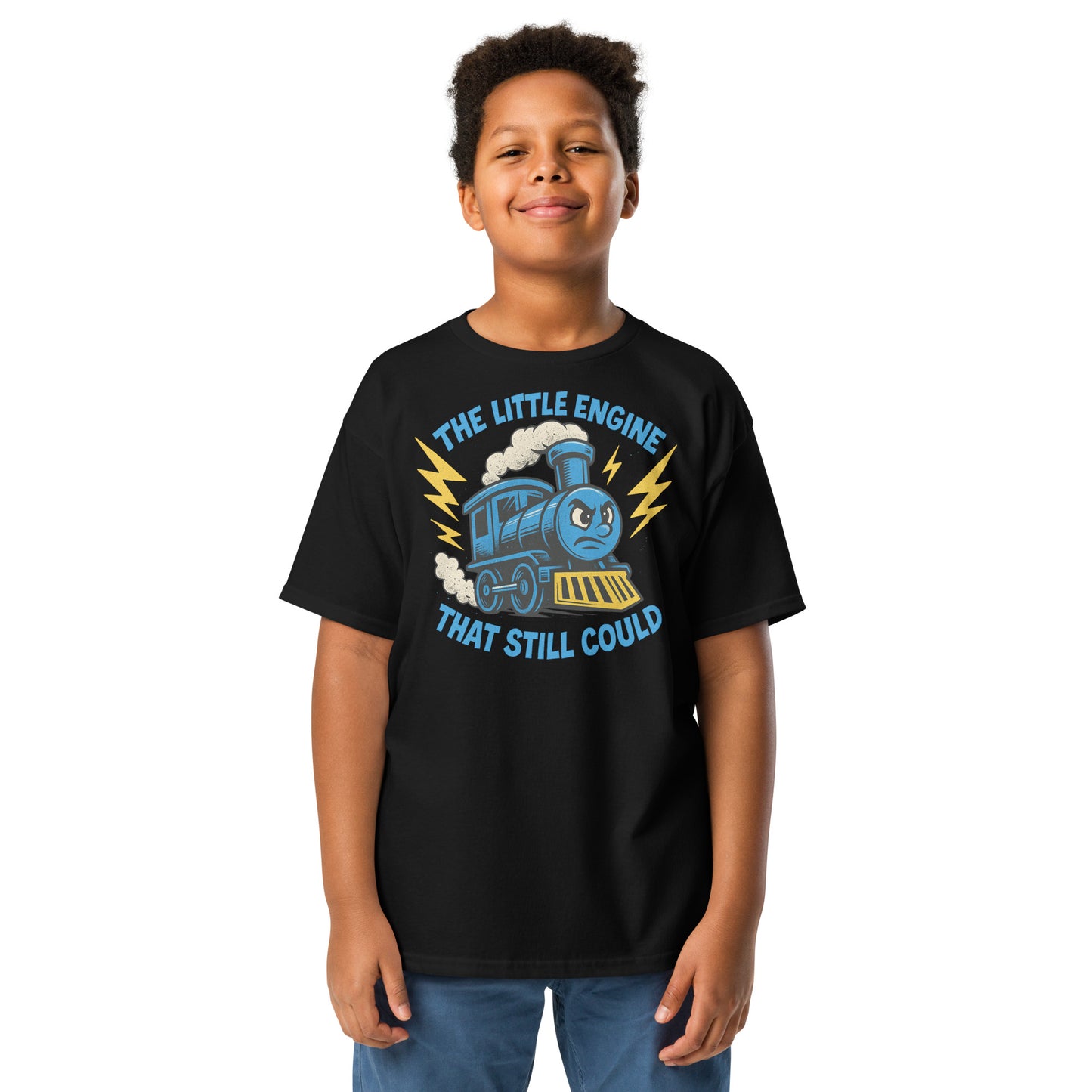 Child wearing a black t-shirt with a blue train graphic and text on a white background