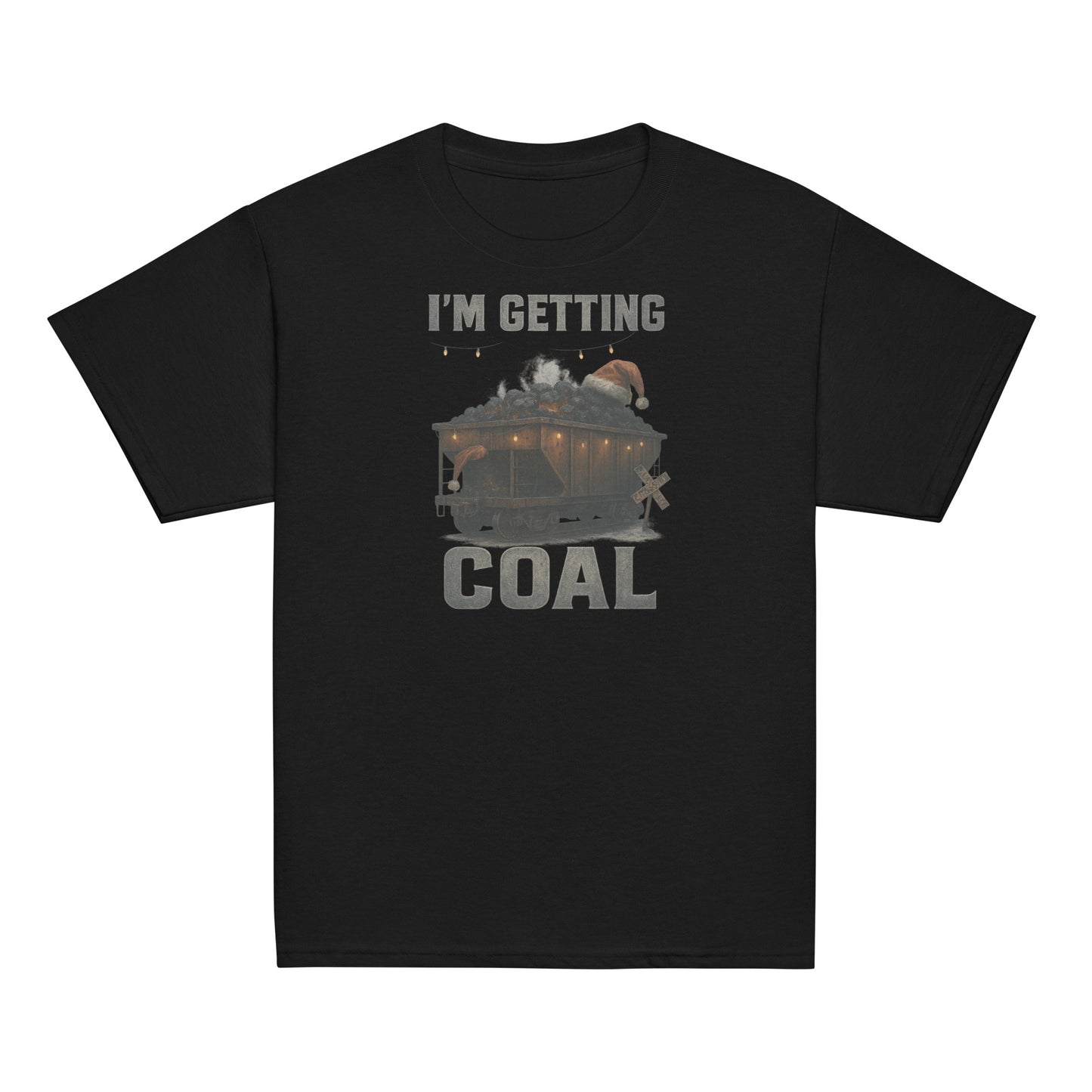 Black t-shirt with a graphic of a train and 'I'm Getting Coal' text on a white background