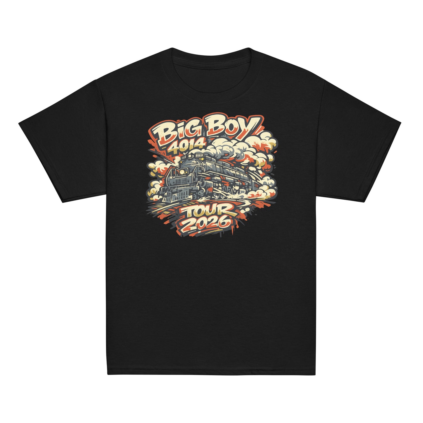 Black t-shirt with a train graphic and 'Big Boy 4014 Tour 2020' text on a white background