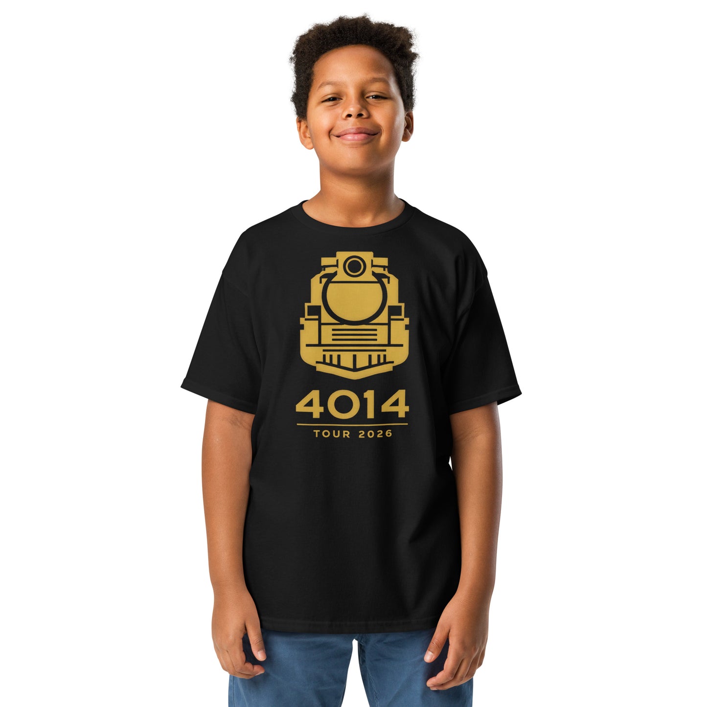 Child wearing a black t-shirt with a yellow graphic and text on a white background