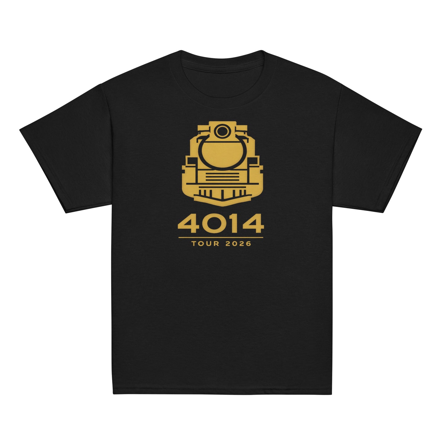 Black t-shirt with 4014 tour gold logo on a white background