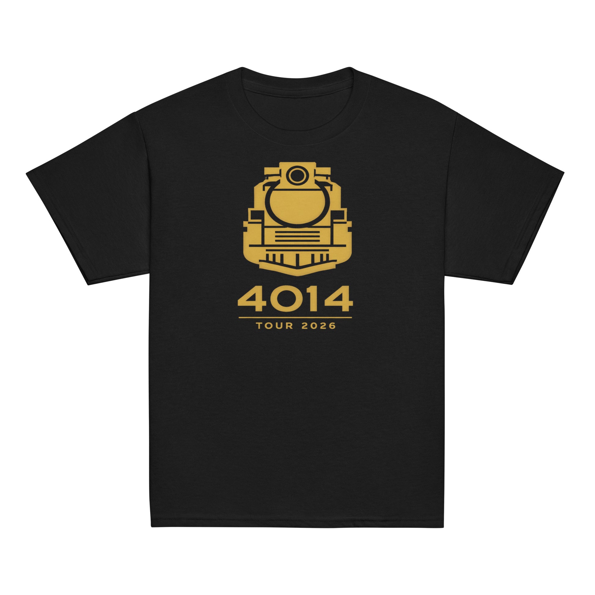 Black t-shirt with 4014 tour gold logo on a white background