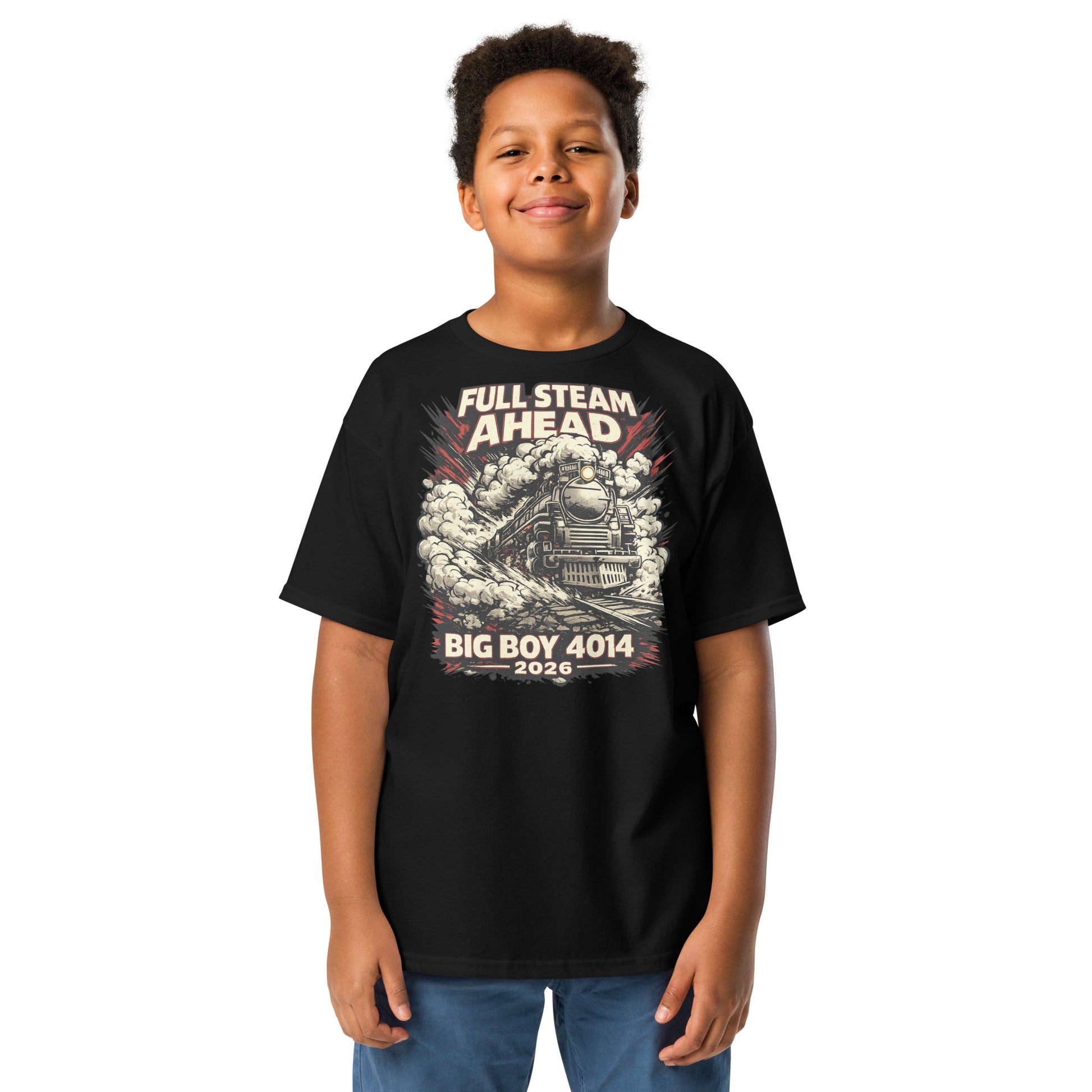 Child wearing a black t-shirt with 'Full Steam Ahead' graphic design on a white background