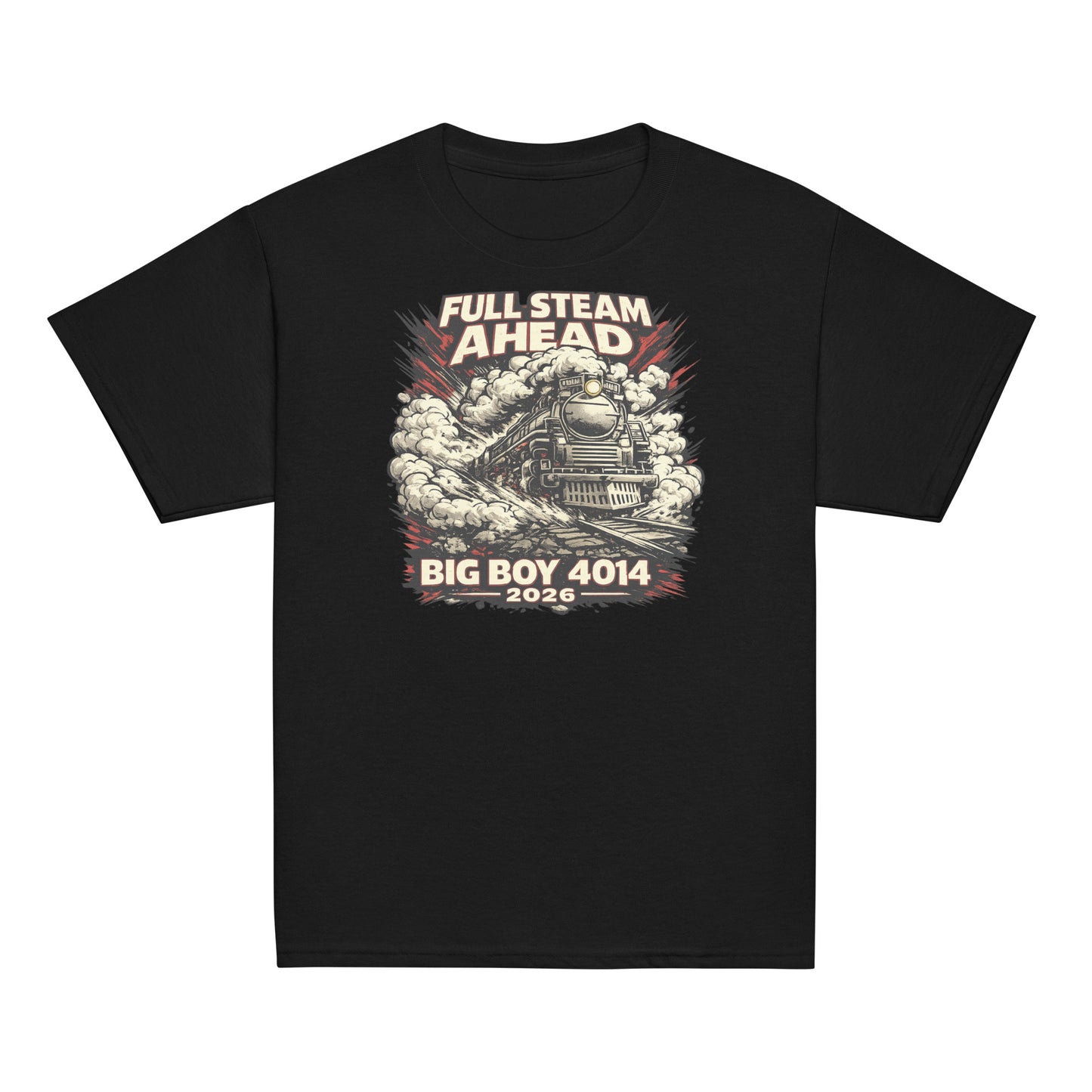 Black t-shirt with a graphic of a steam locomotive and text 'Full Steam Ahead Big Boy 4014 2026' on a white background.