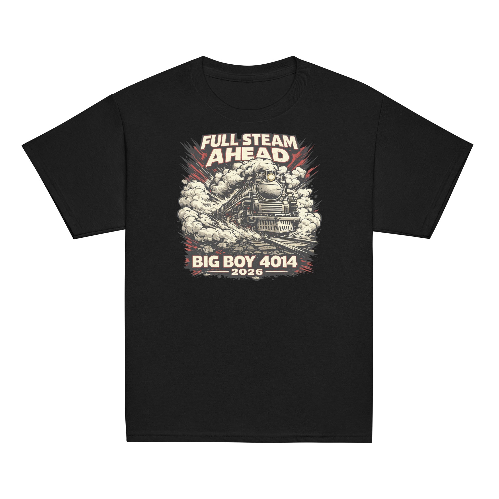 Black t-shirt with a graphic of a steam locomotive and text 'Full Steam Ahead Big Boy 4014 2026' on a white background.