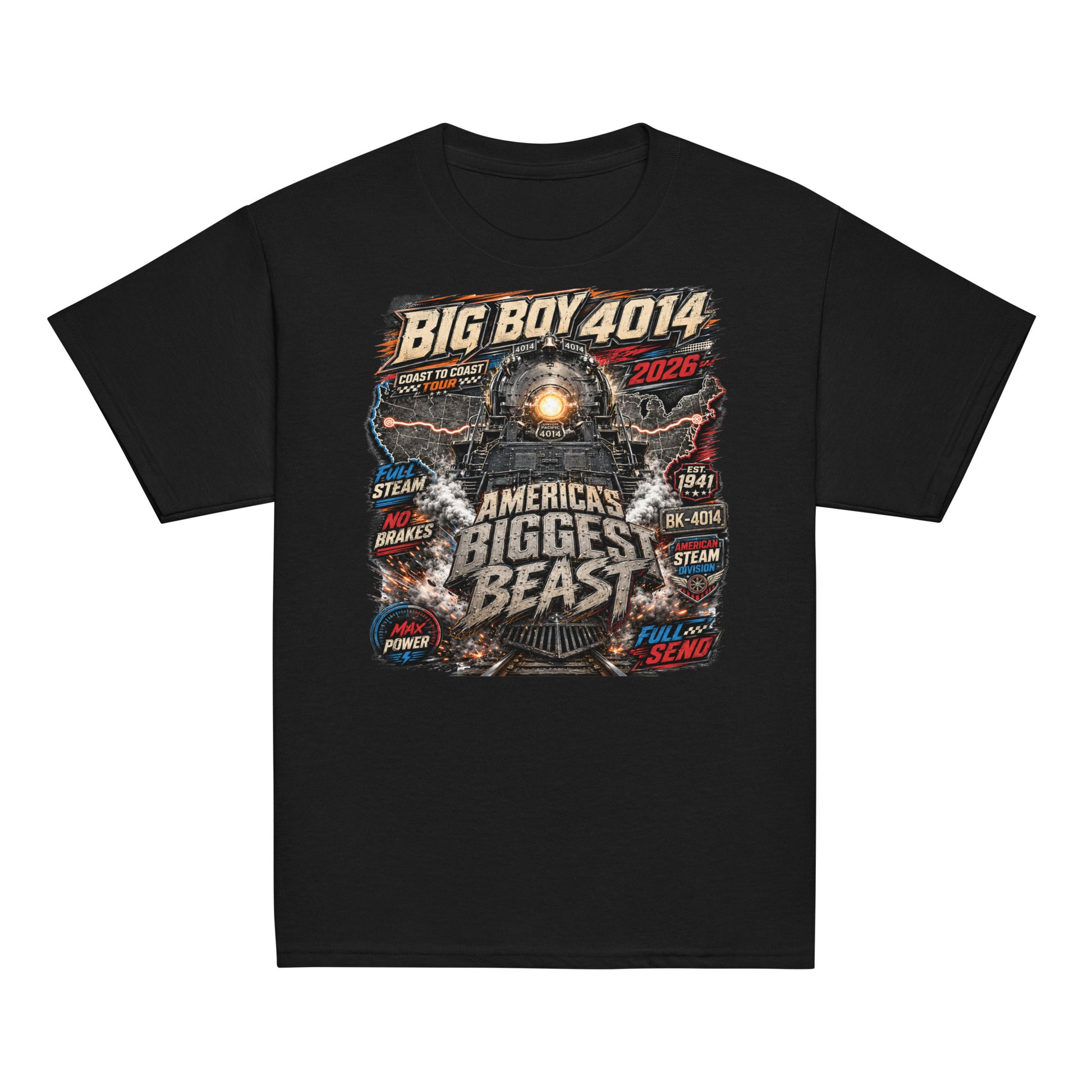 Youth black t-shirt featuring a high-energy, colorful graphic of the Big Boy 4014 steam locomotive backed by a US map, with bold text reading "BIG BOY 4014", "COAST TO COAST TOUR 2026", "AMERICA'S BIGGEST BEAST", "FULL STEAM", "NO BRAKES", "MAX POWER", and "FULL SEND".