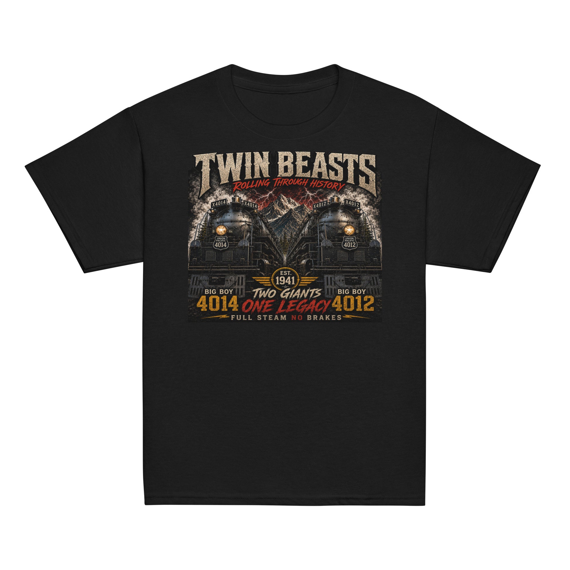 Youth black t-shirt featuring a symmetrical graphic of two steam locomotives, Big Boy 4014 on the left and Big Boy 4012 on the right, side-by-side in front of a mountain range with red lightning strikes. Text reads "TWIN BEASTS", "ROLLING THROUGH HISTORY", "EST. 1941", "TWO GIANTS ONE LEGACY", and "FULL STEAM NO BRAKES".