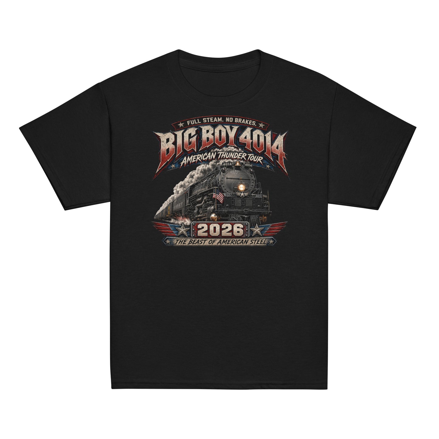 Youth black t-shirt featuring a dynamic graphic of the Big Boy 4014 steam locomotive charging forward with billowing smoke and a small American flag on the front. Bold, aggressive text reads "FULL STEAM. NO BRAKES.", "BIG BOY 4014", "AMERICAN THUNDER TOUR", "2026", and "THE BEAST OF AMERICAN STEEL" in red, white, and blue patriotic styling.