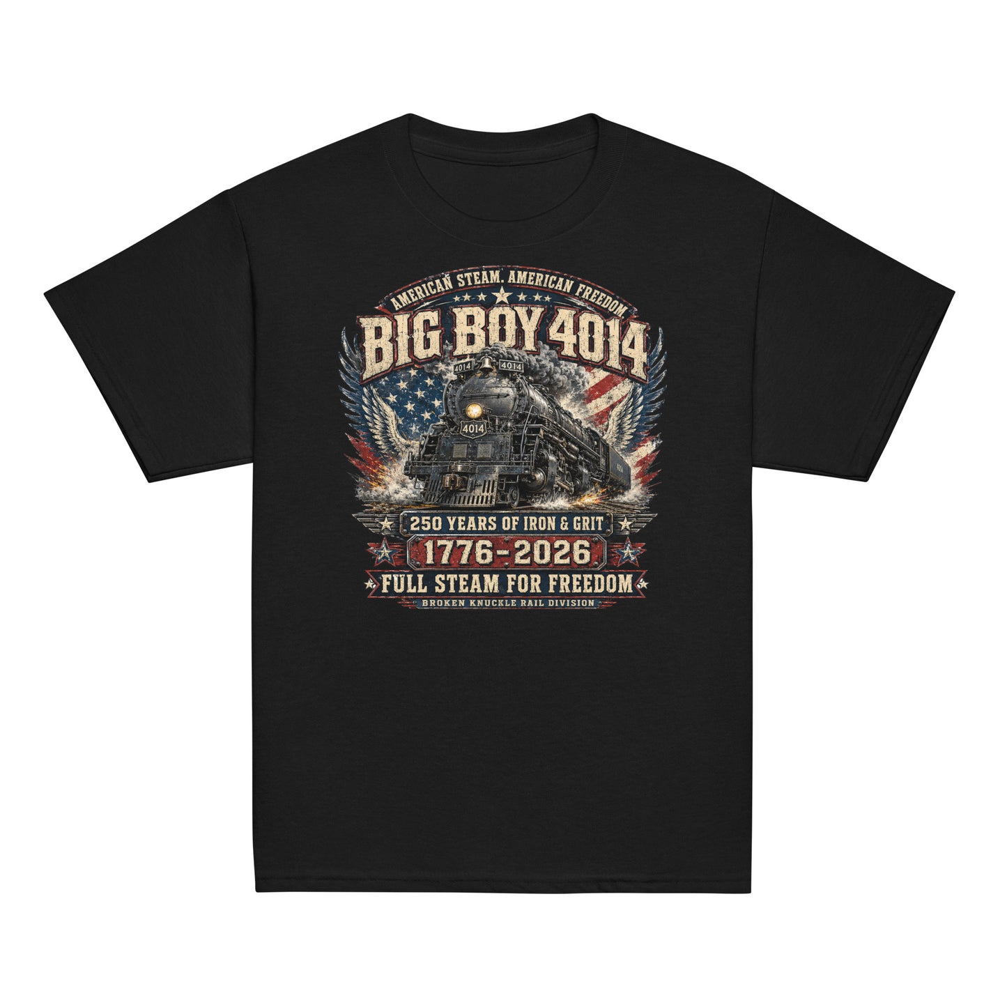 Youth black t-shirt featuring a highly detailed patriotic graphic. The Big Boy 4014 steam locomotive is centered against a distressed American flag and eagle wings. Text reads "AMERICAN STEAM. AMERICAN FREEDOM.", "BIG BOY 4014", "250 YEARS OF IRON & GRIT", "1776 - 2026", "FULL STEAM FOR FREEDOM", and "BROKEN KNUCKLE RAIL DIVISION".