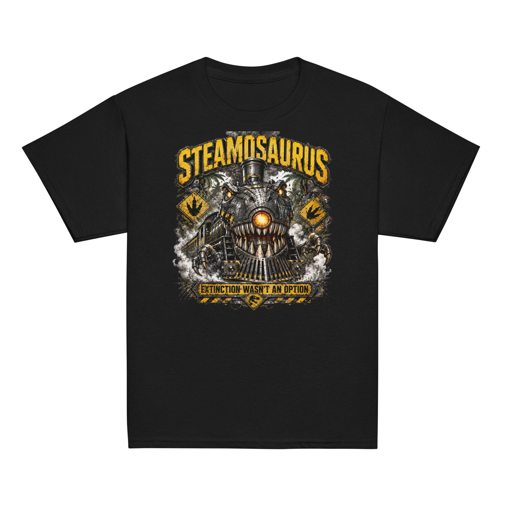 Youth black t-shirt featuring a graphic that combines a T-Rex dinosaur and a steam locomotive. The monster train has metal teeth, mechanical claws, and a glowing orange headlight. Yellow distressed text reads "STEAMOSAURUS" at the top and "EXTINCTION WASN'T AN OPTION" on a hazard banner at the bottom. The background includes jungle trees and yellow dinosaur footprint caution signs.
