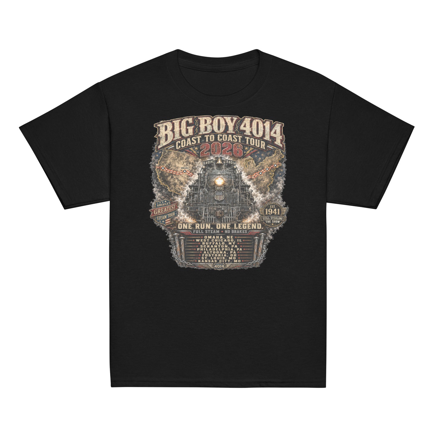 Youth black t-shirt featuring a highly detailed vintage graphic of the Big Boy 4014 steam locomotive facing forward. Behind the train is a map of the United States showing the 2026 tour route. Text reads "BIG BOY 4014", "COAST TO COAST TOUR 2026", "ONE RUN. ONE LEGEND.", and "FULL STEAM - NO BRAKES". The graphic includes badges for "America's Greatest Steam Tour" and "Est 1941", along with a roster of the nine tour stops.