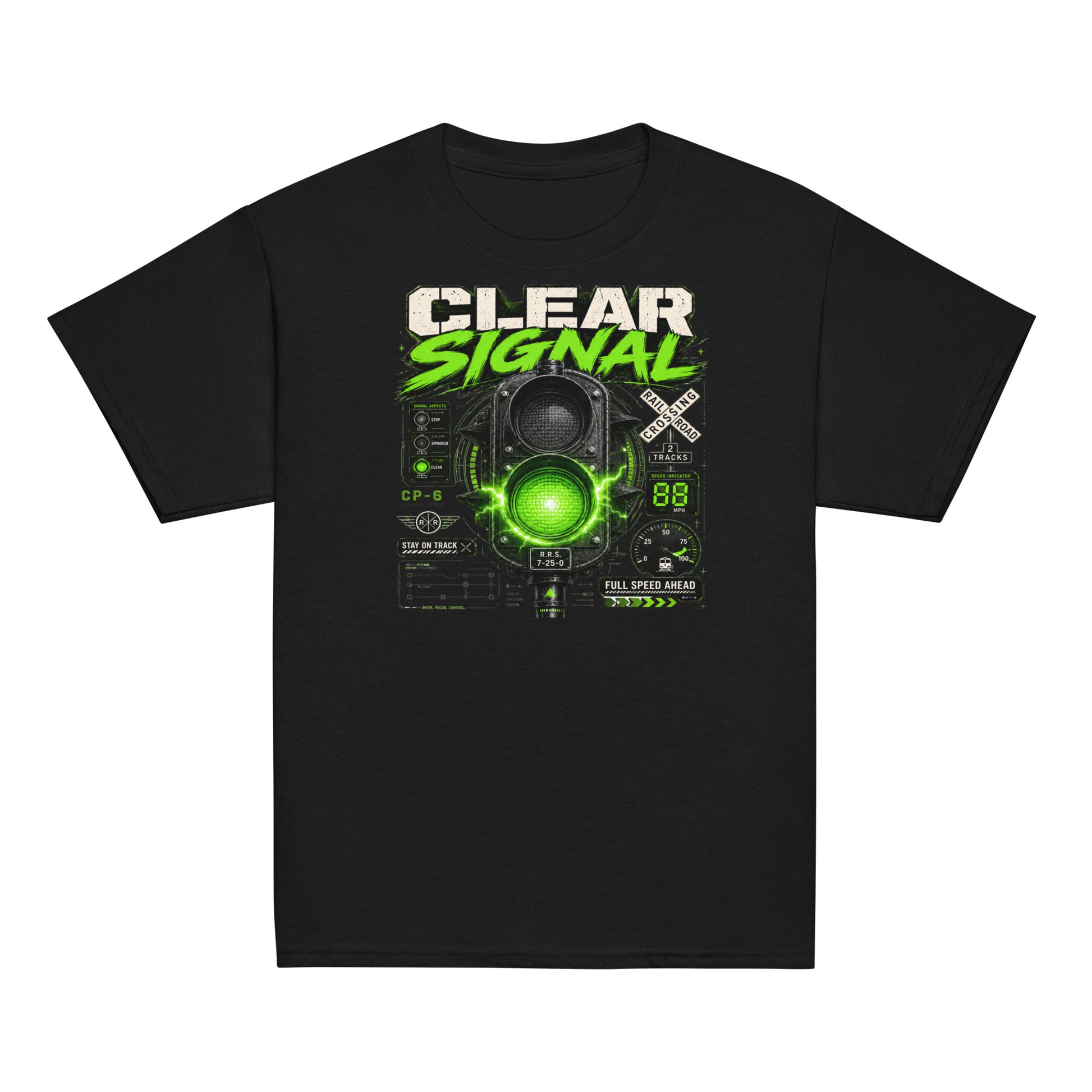 black short-sleeve t-shirt featuring a bold graphic with the words CLEAR SIGNAL in white and neon green above an electrified green train signal, railroad crossing signs, and technical dials.