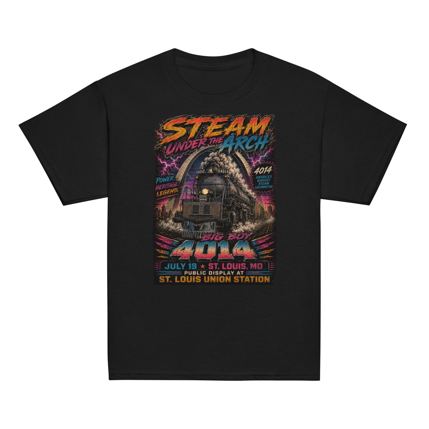 Youth black t-shirt featuring a bright, 1980s retro-neon graphic. The Big Boy 4014 steam locomotive is charging forward under the St. Louis Gateway Arch with electric pink lightning in the background. Bold neon text reads "STEAM UNDER THE ARCH", "BIG BOY 4014", "JULY 19 - ST. LOUIS, MO", and "PUBLIC DISPLAY AT ST. LOUIS UNION STATION". Side text badges read "POWER. HERITAGE. LEGEND." and "4014 AMERICA'S BIGGEST STEAM LOCOMOTIVE".