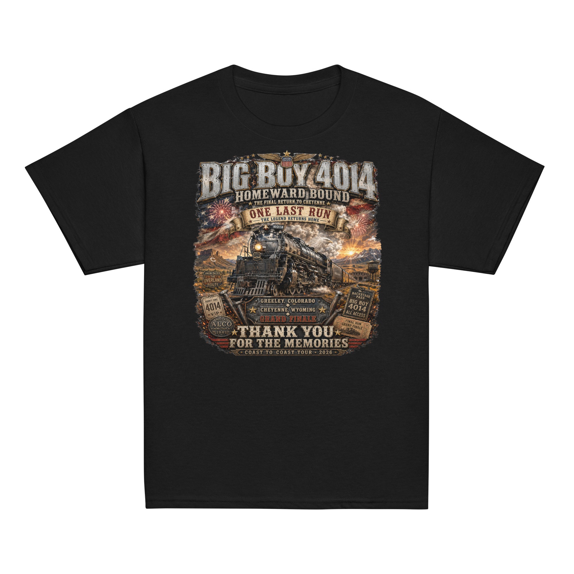 Youth black t-shirt featuring an intricate graphic of the Big Boy 4014 steam locomotive charging through a western landscape with a sunset and fireworks in the sky. Text reads "BIG BOY 4014", "HOMEWARD BOUND", "THE FINAL RETURN TO CHEYENNE", "ONE LAST RUN", and "THANK YOU FOR THE MEMORIES". The design includes vintage ticket stubs and lists Greeley, Colorado and Cheyenne, Wyoming for the Grand Finale of the Coast to Coast Tour 2026.