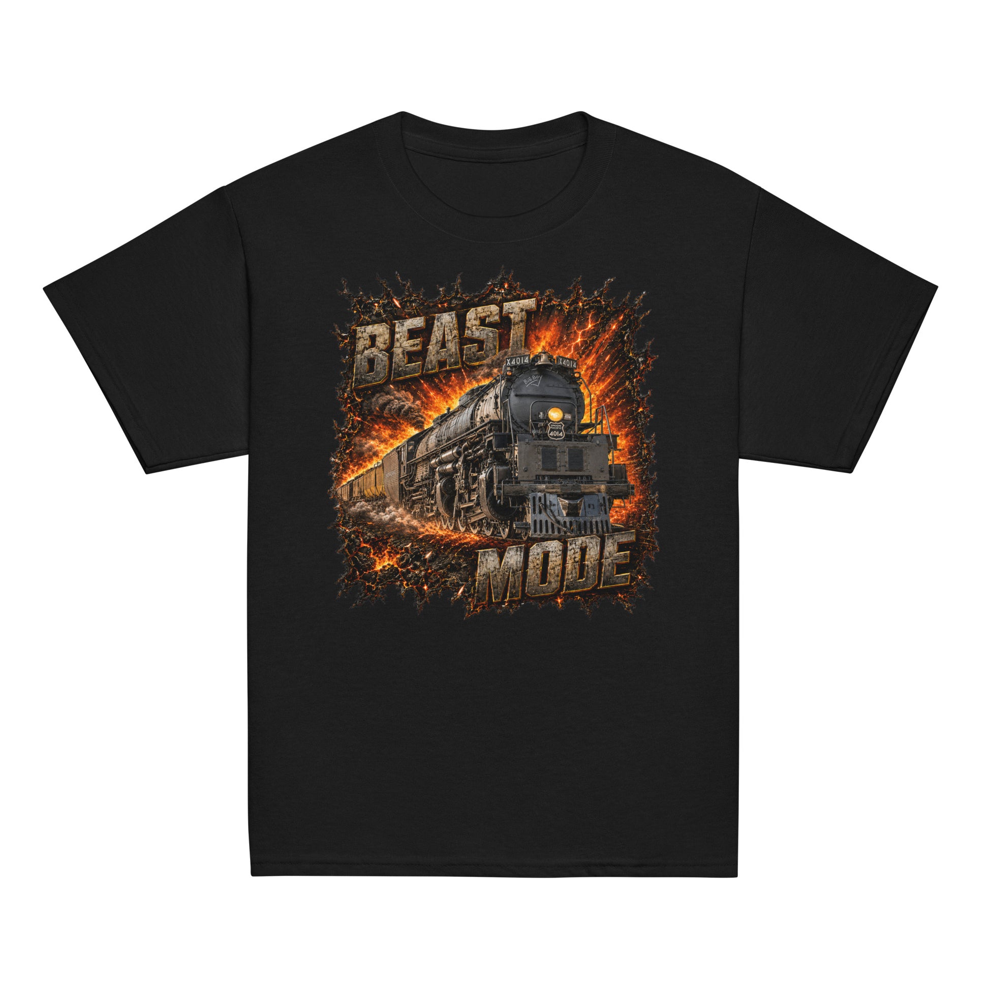 black short-sleeve t-shirt featuring an explosive, fiery graphic of a steam locomotive charging forward, framed by the text BEAST at the top and MODE at the bottom in rugged, stone-textured letters.