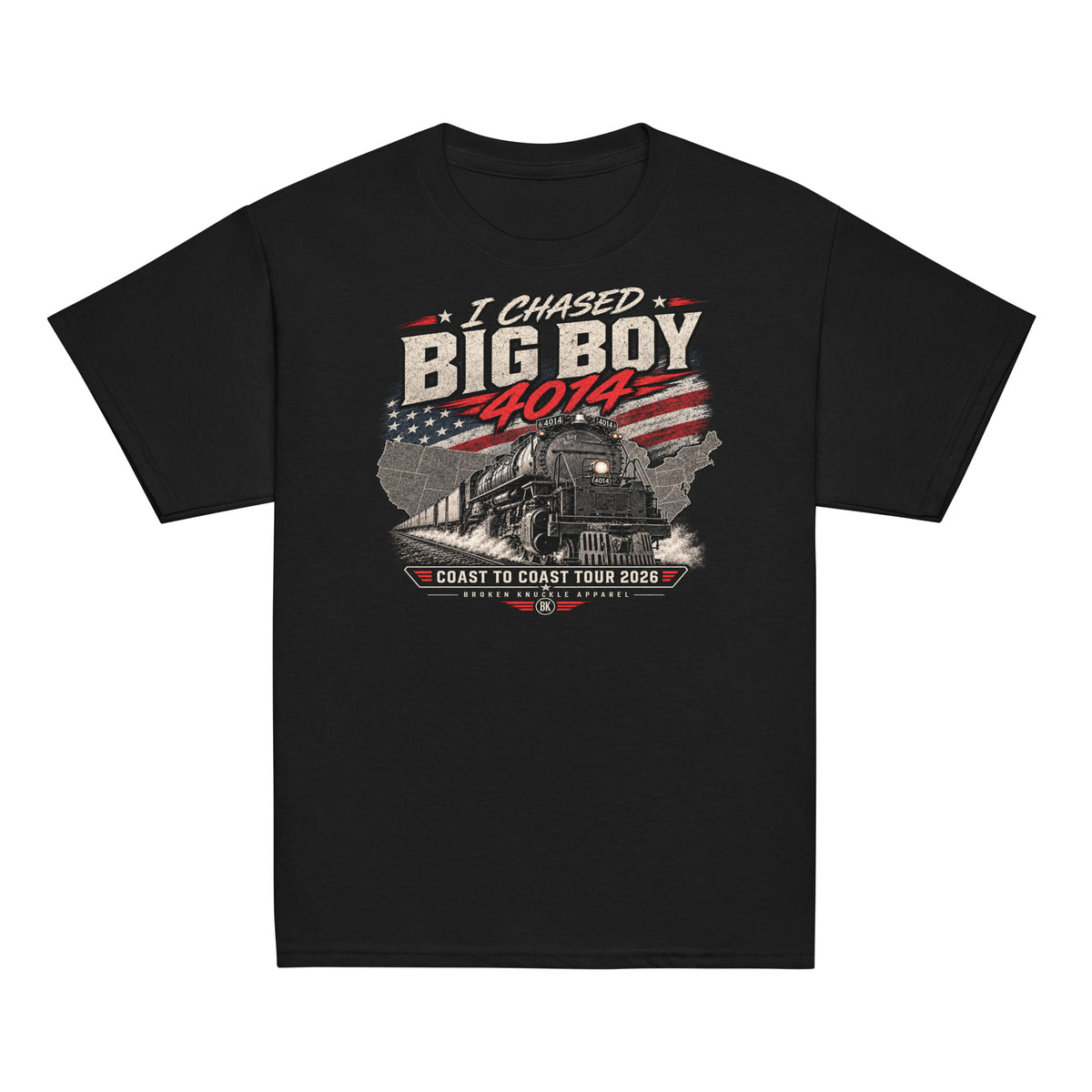 black short-sleeve t-shirt featuring a graphic of the Big Boy steam locomotive charging out of a US map with an American flag pattern, surrounded by the text I CHASED BIG BOY 4014 and COAST TO COAST TOUR 2026.