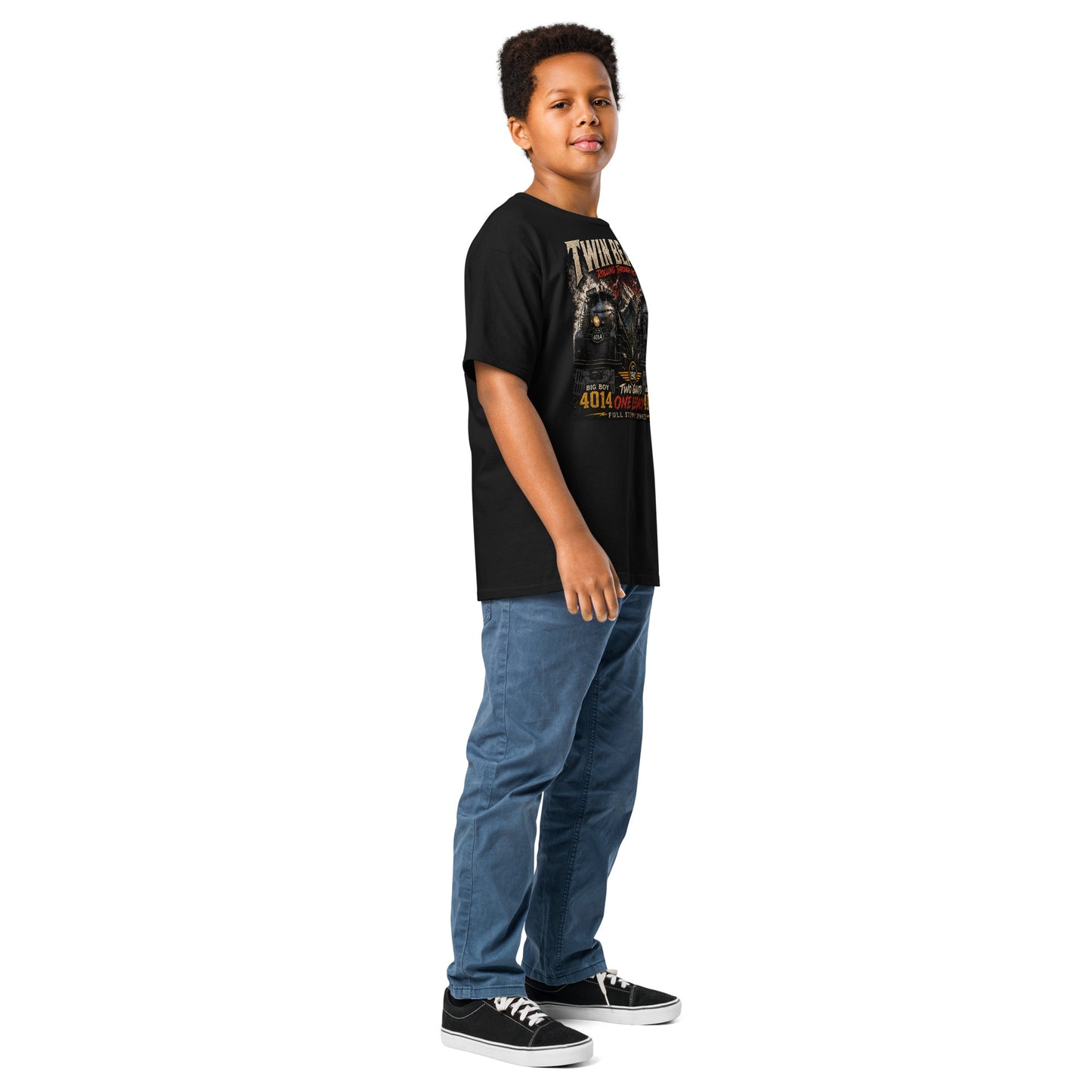 Youth black t-shirt featuring a symmetrical graphic of two steam locomotives, Big Boy 4014 on the left and Big Boy 4012 on the right, side-by-side in front of a mountain range with red lightning strikes. Text reads "TWIN BEASTS", "ROLLING THROUGH HISTORY", "EST. 1941", "TWO GIANTS ONE LEGACY", and "FULL STEAM NO BRAKES".