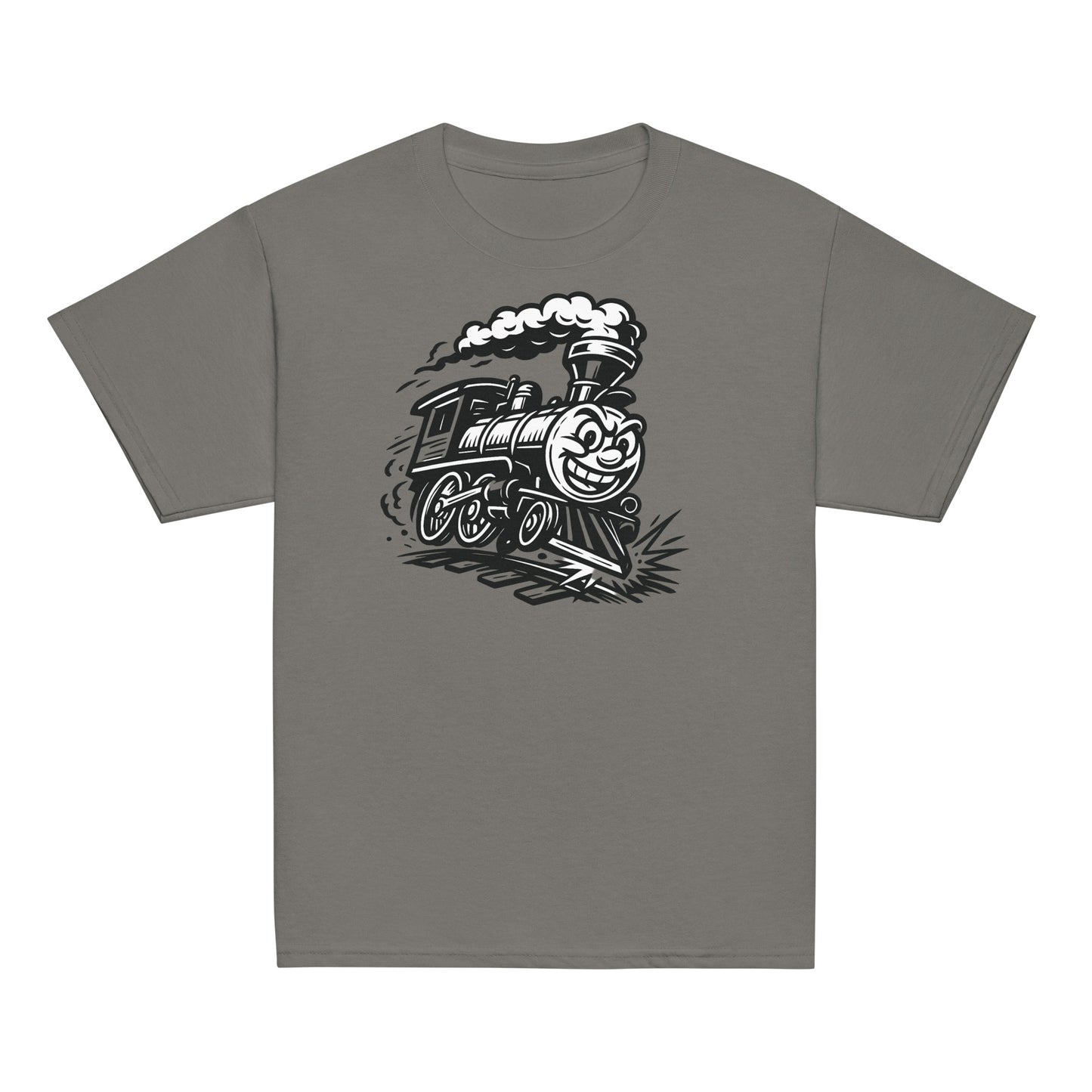 Gray t-shirt with a black steam locomotive graphic on a white background