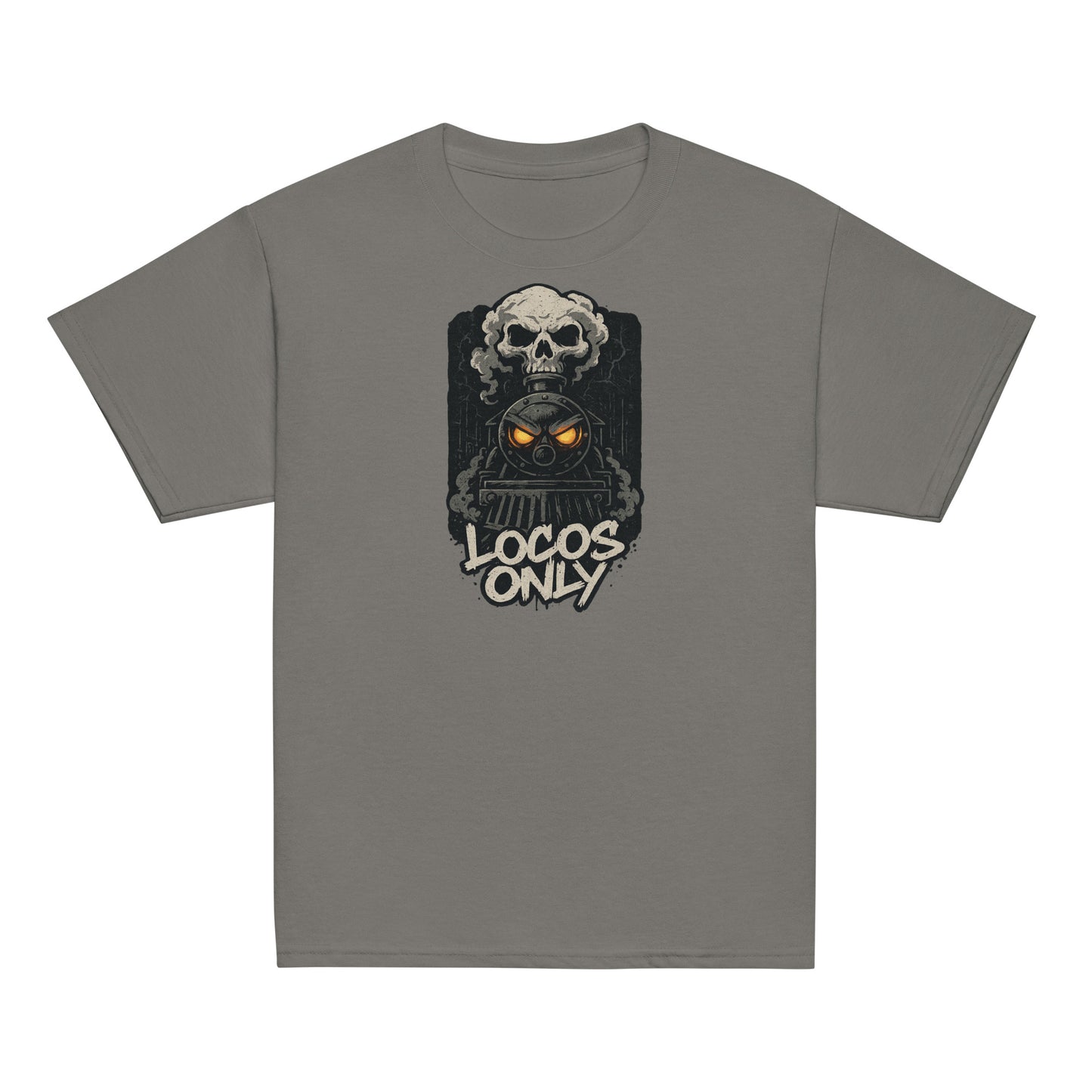 Gray t-shirt with a skull design and 'Locos Only' text on a white background
