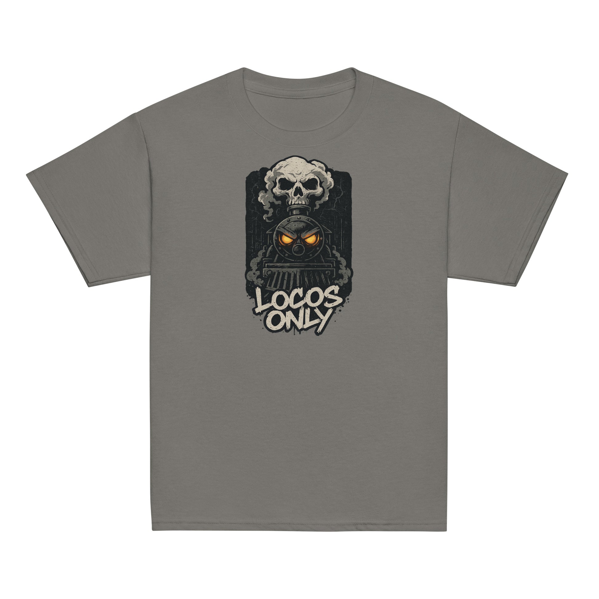 Gray t-shirt with a skull design and 'Locos Only' text on a white background
