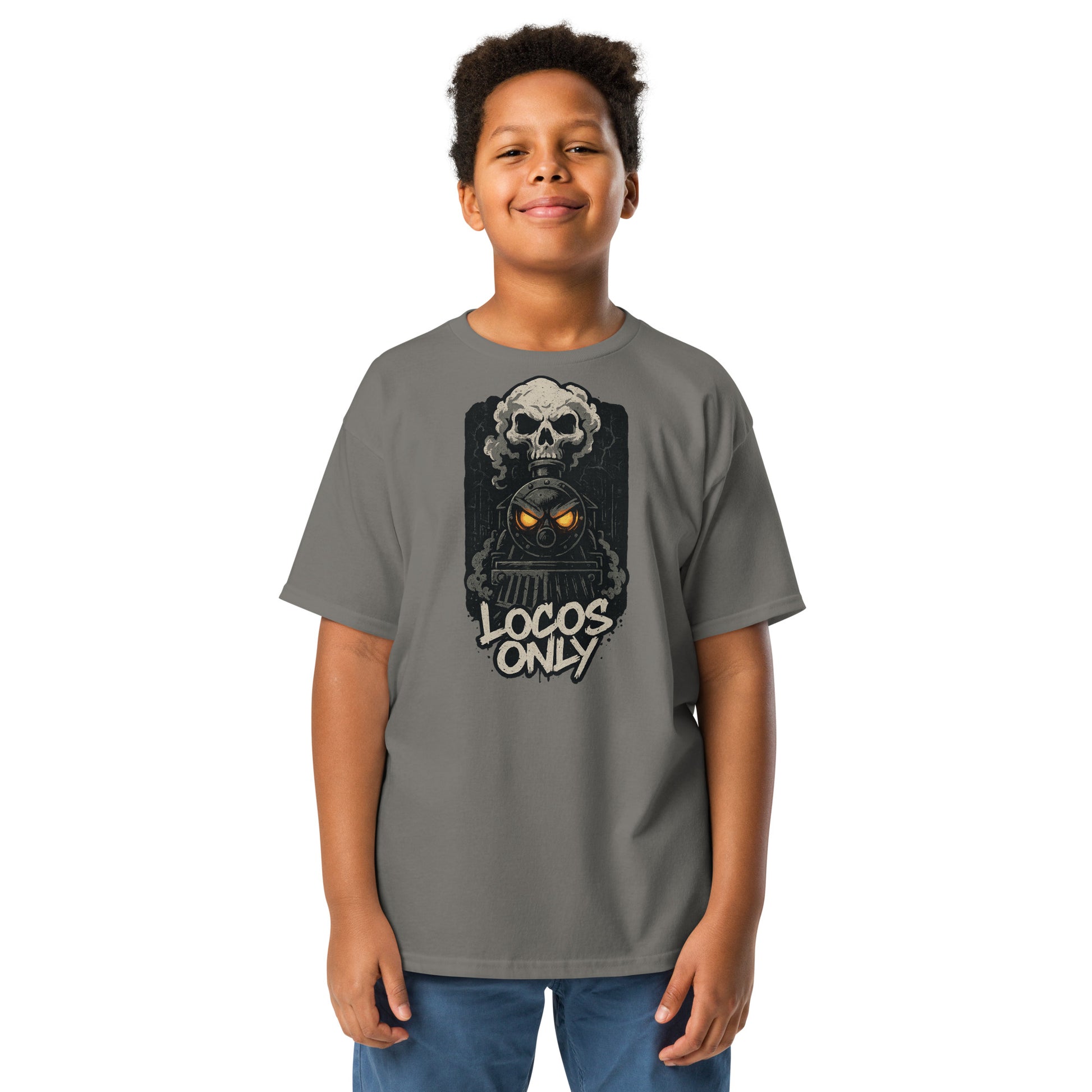 Child wearing a gray t-shirt with a graphic design and text on a white background