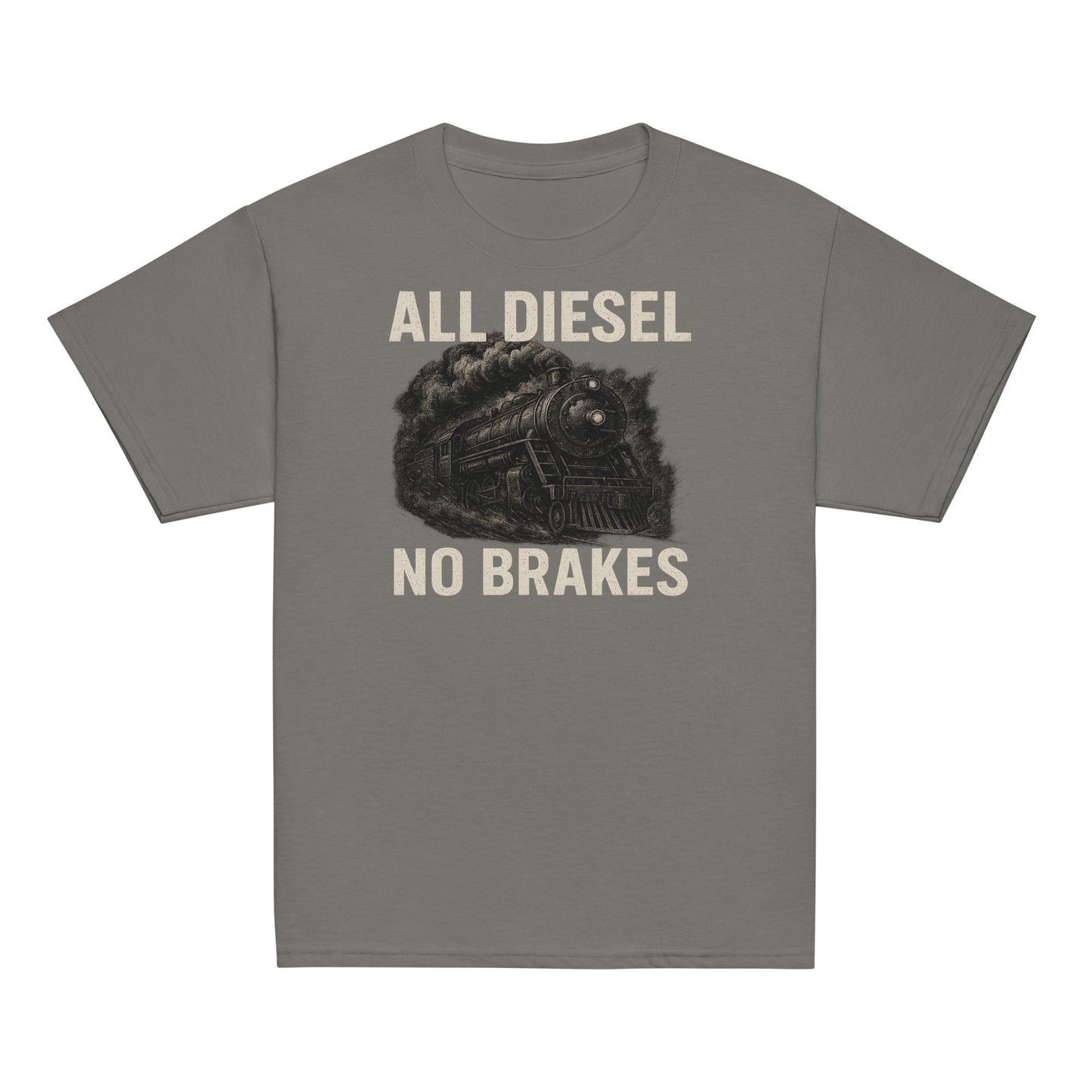 Gray t-shirt with 'All Diesel No Brakes' graphic and text on a white background