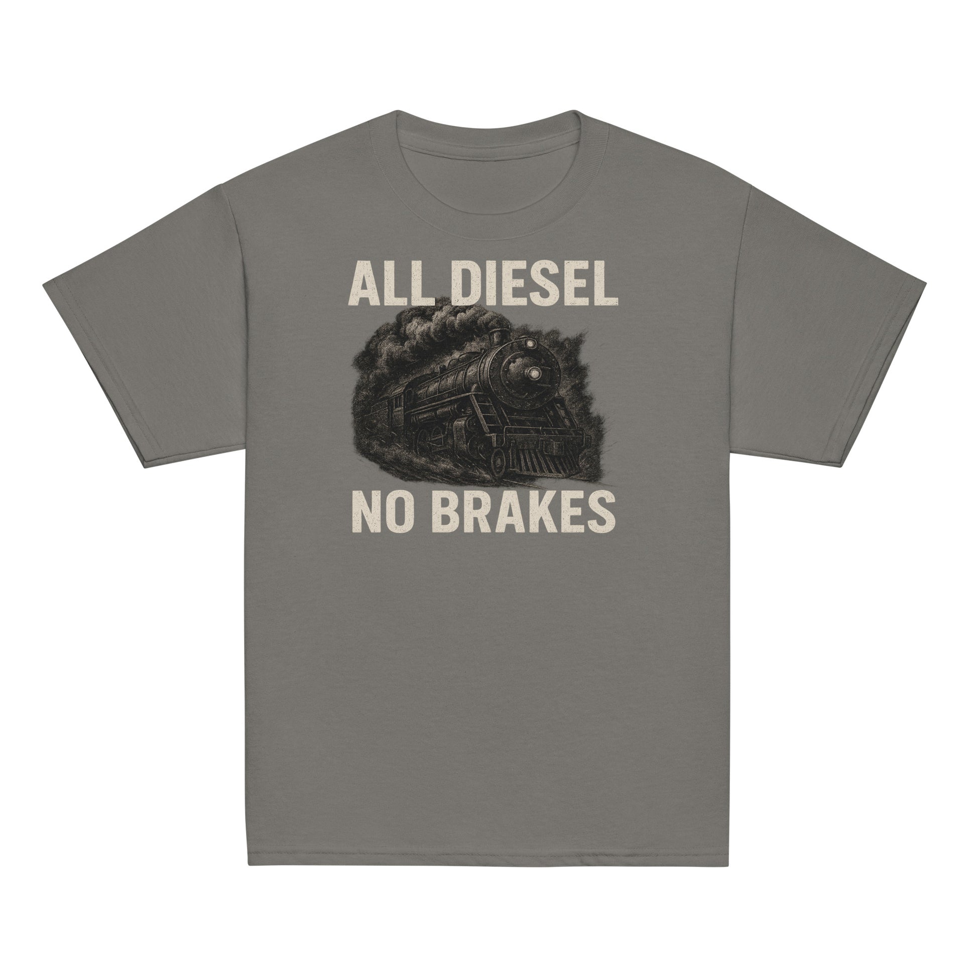 Gray t-shirt with 'All Diesel No Brakes' graphic and text on a white background