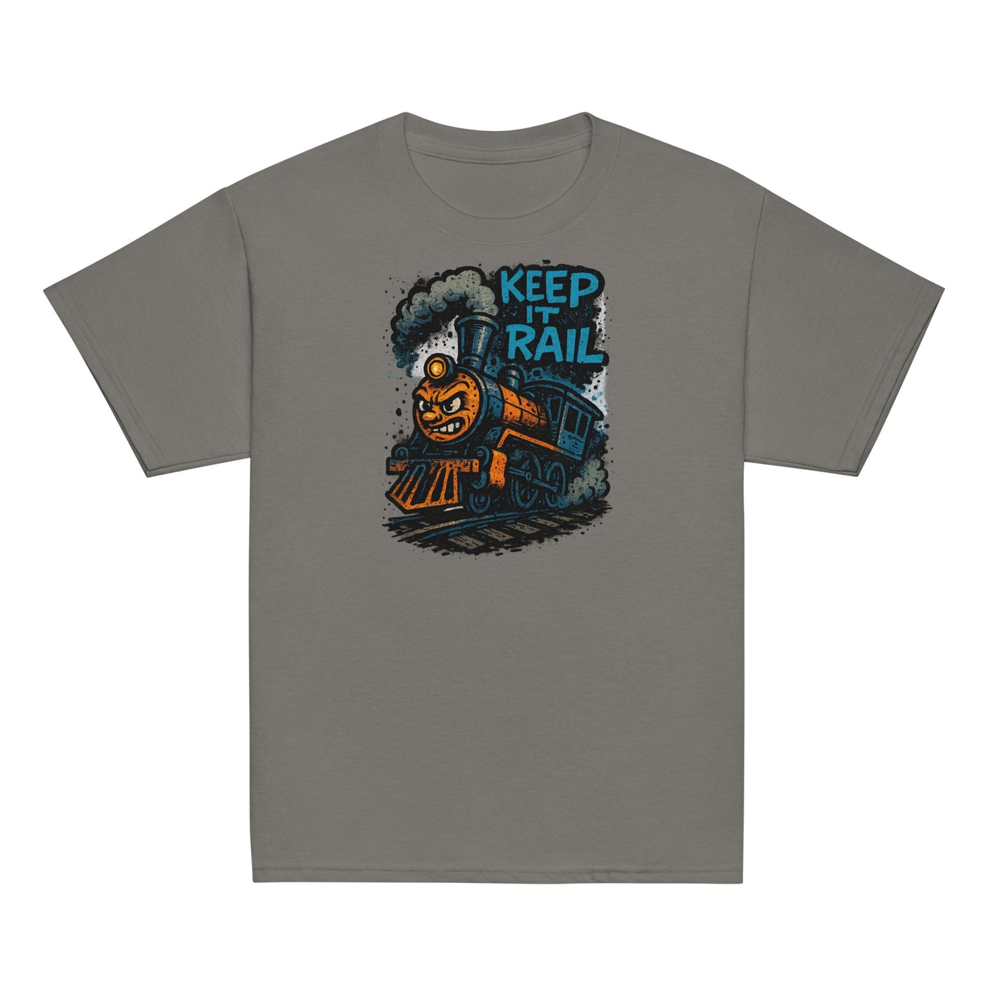 Gray t-shirt with a train graphic and 'Keep It Rail' text on a white background