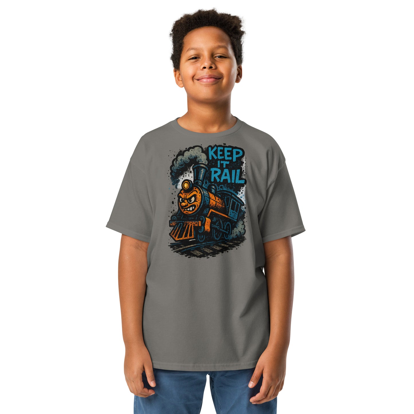 Child wearing a gray t-shirt with a train graphic and text on a white background